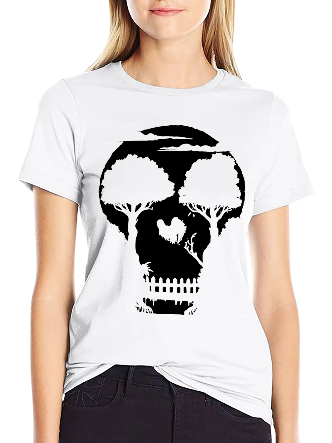 Black Skull Landscape Graphic Print Black T-Shirt view 9