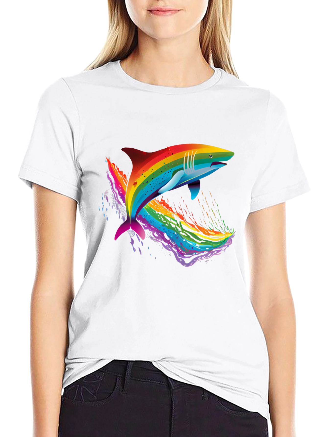 Black Rainbow Shark Graphic Black T-Shirt view 9