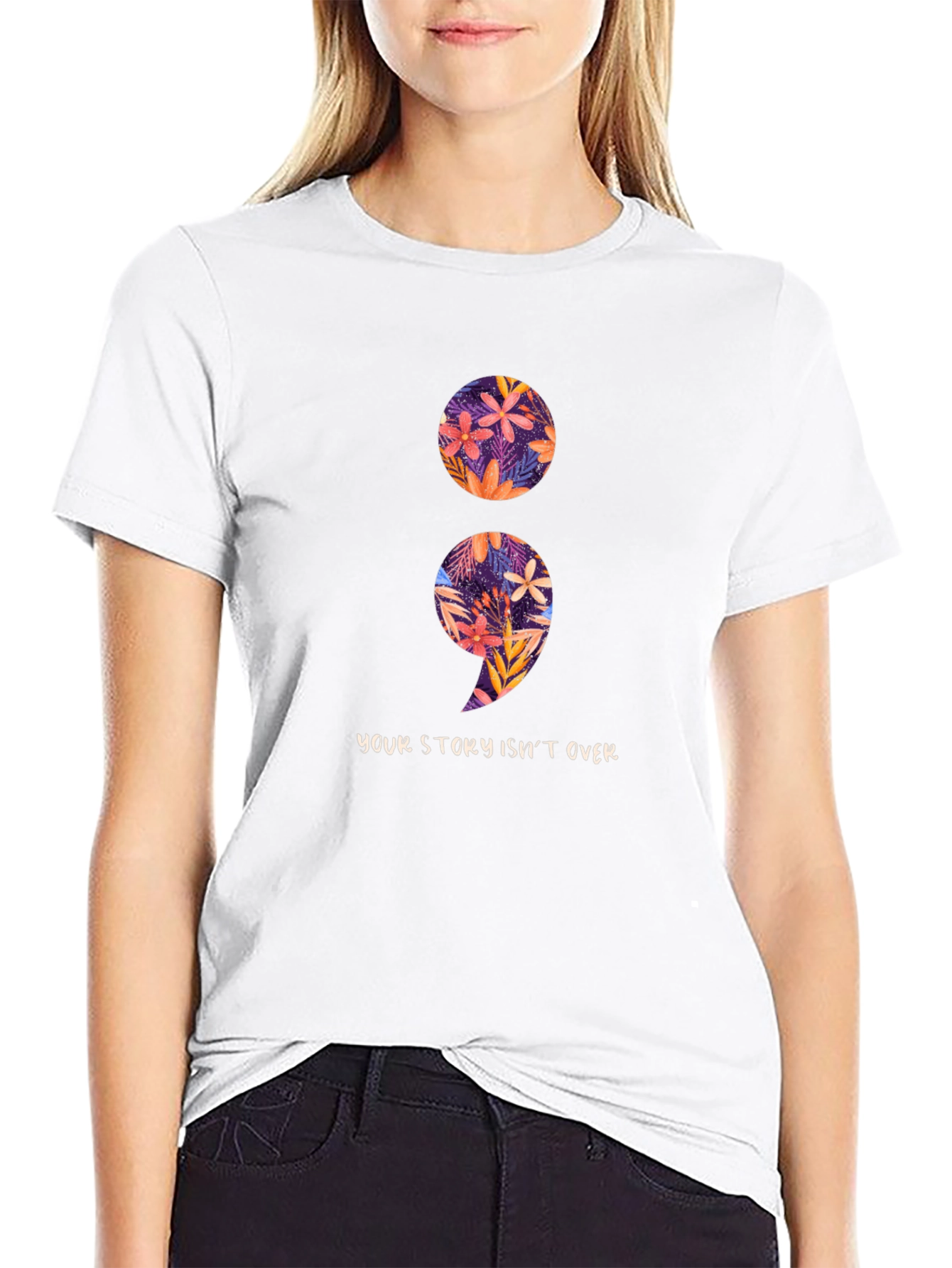 Black Floral Semicolon T-Shirt - Your Story Isn't Over view 9