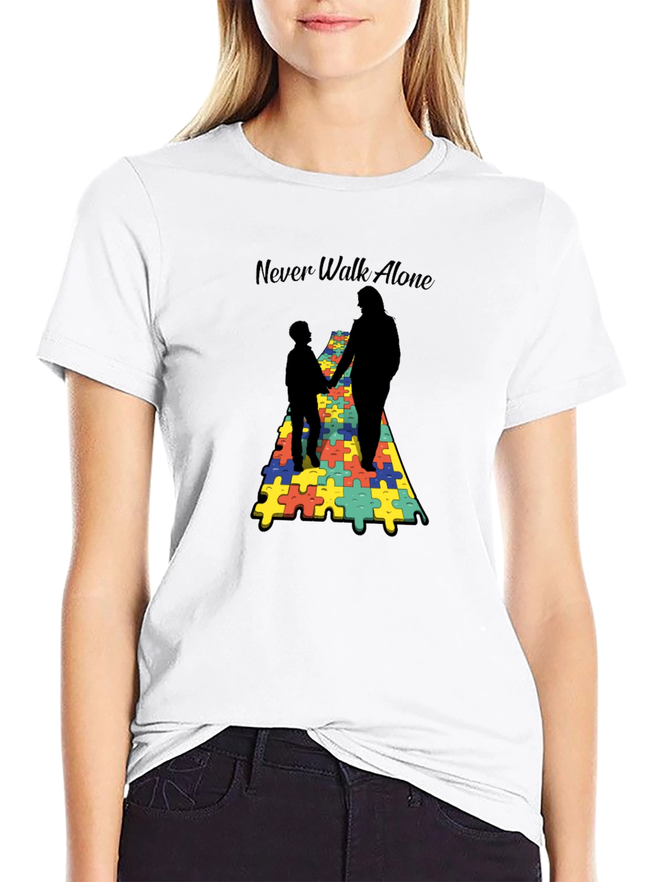 Black Never Walk Alone Autism Puzzle T-Shirt view 9