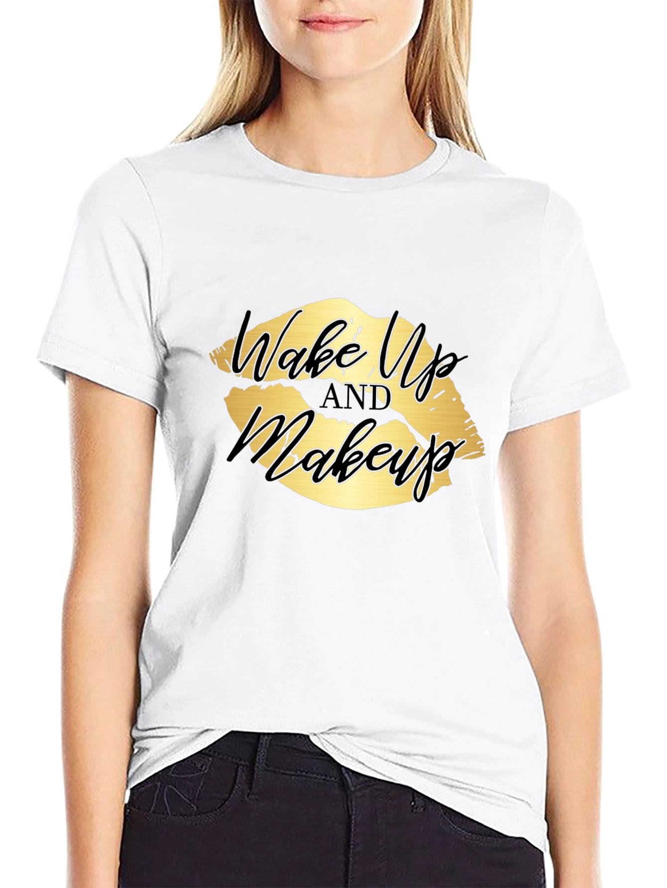 Black Wake Up and Makeup Lips Graphic T-Shirt view 9