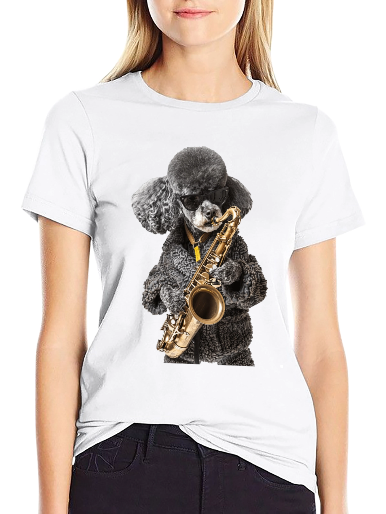 Black Cool Poodle Sax Player Graphic Tee view 9