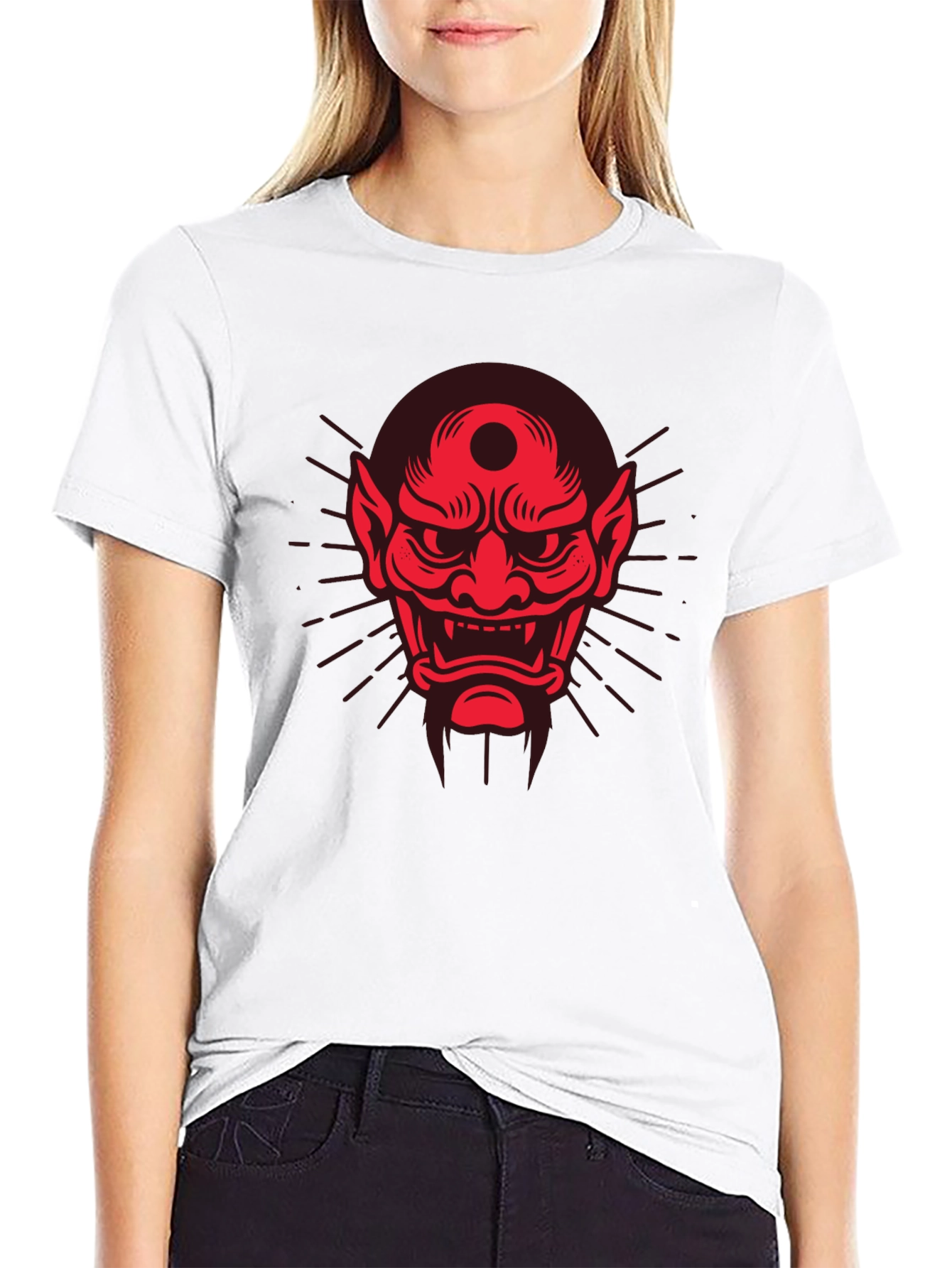 Black Men's Black T-Shirt with Red Oni Mask Design view 9