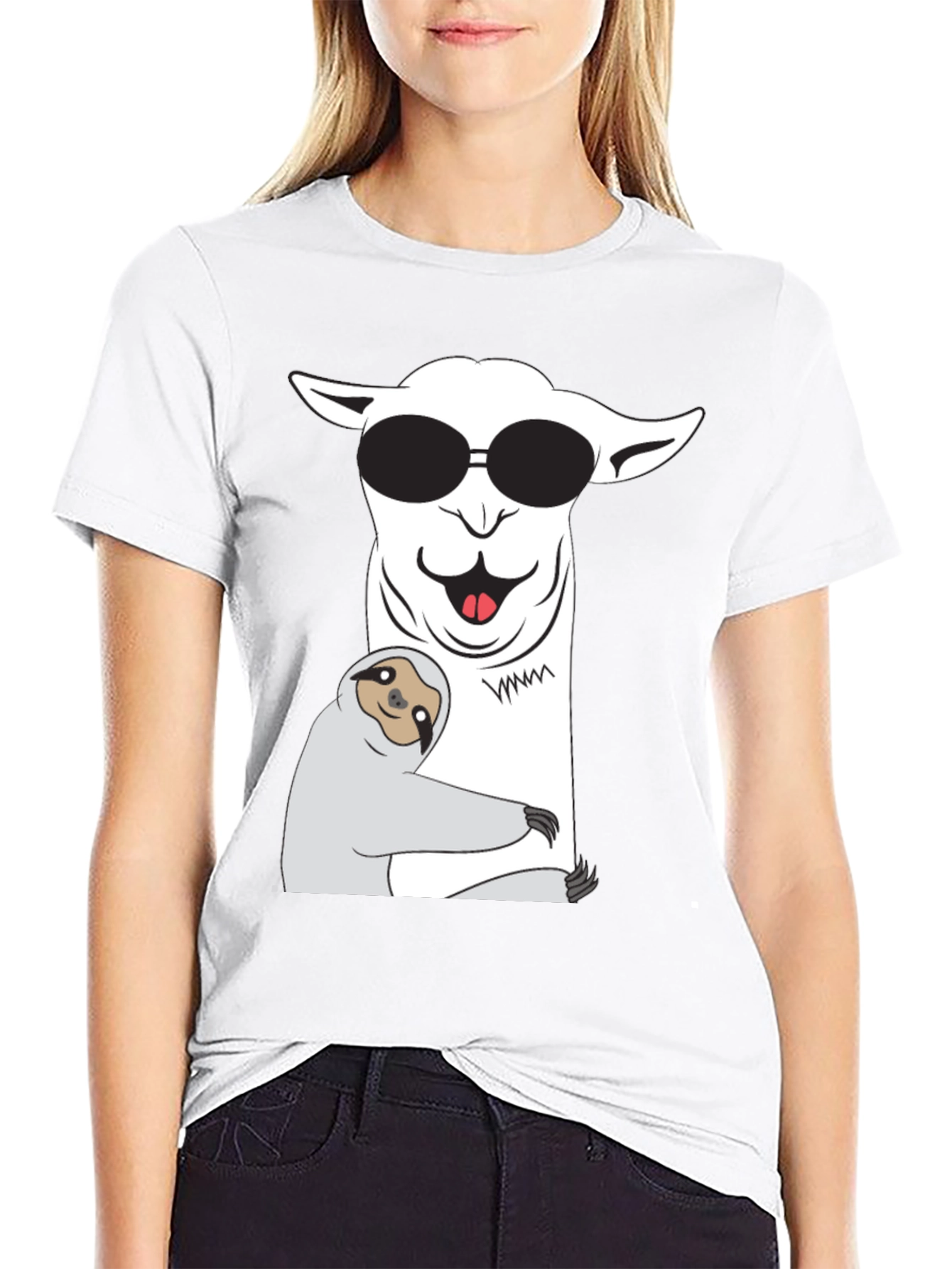 Black Cool Llama & Sloth T-Shirt - Funny Graphic Tee view 9