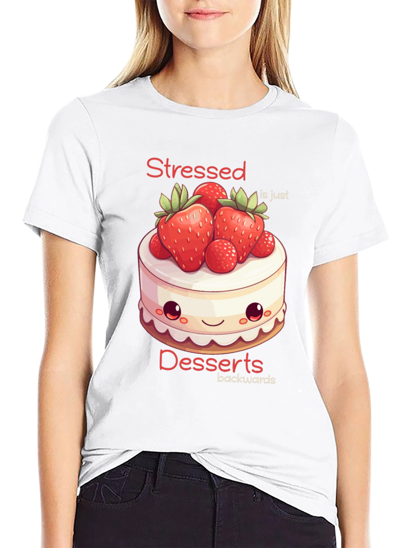 Black Stressed is Desserts Backwards T-Shirt view 9