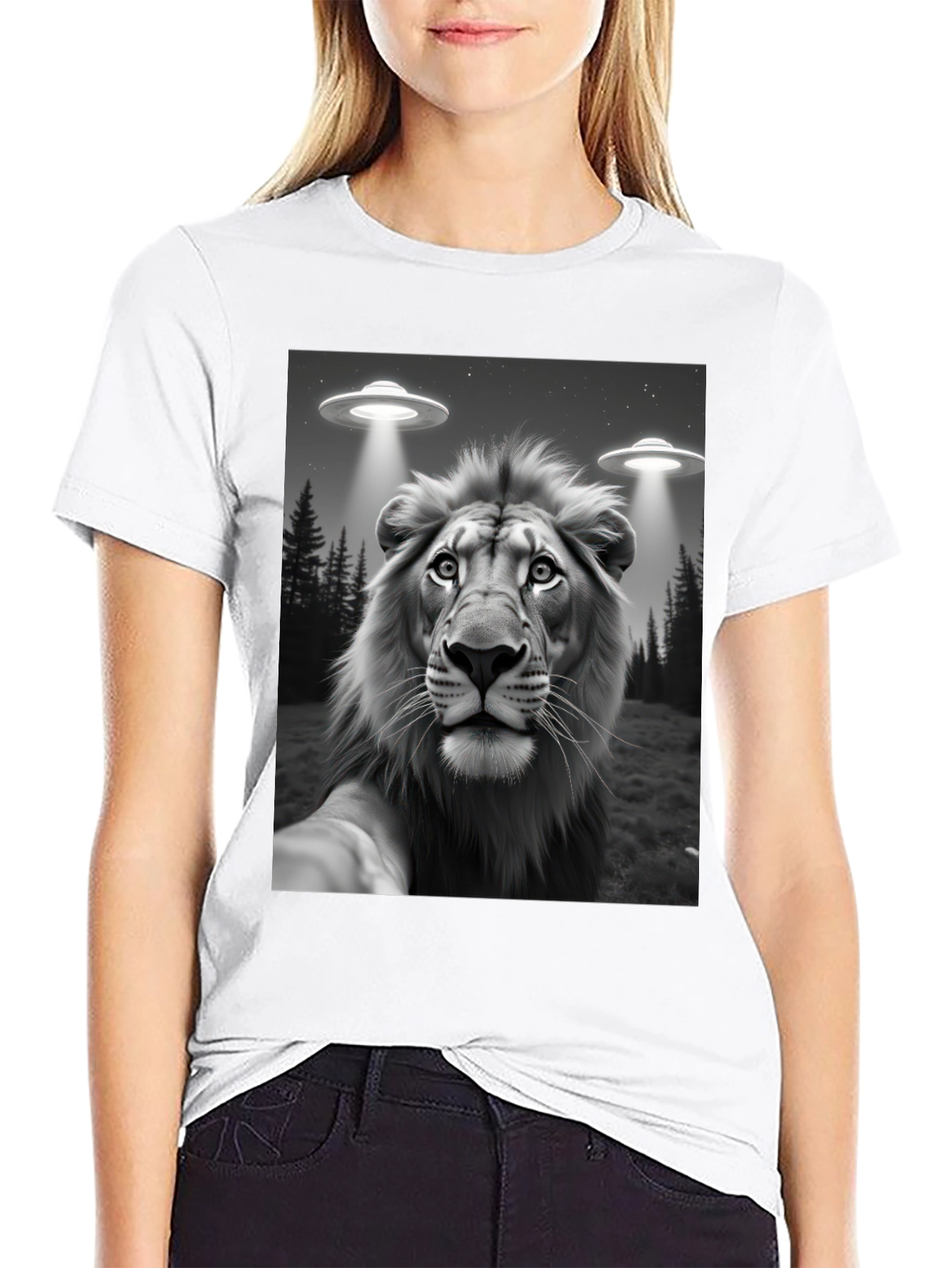 Black Lion Selfie UFO Abduction Graphic Tee view 9