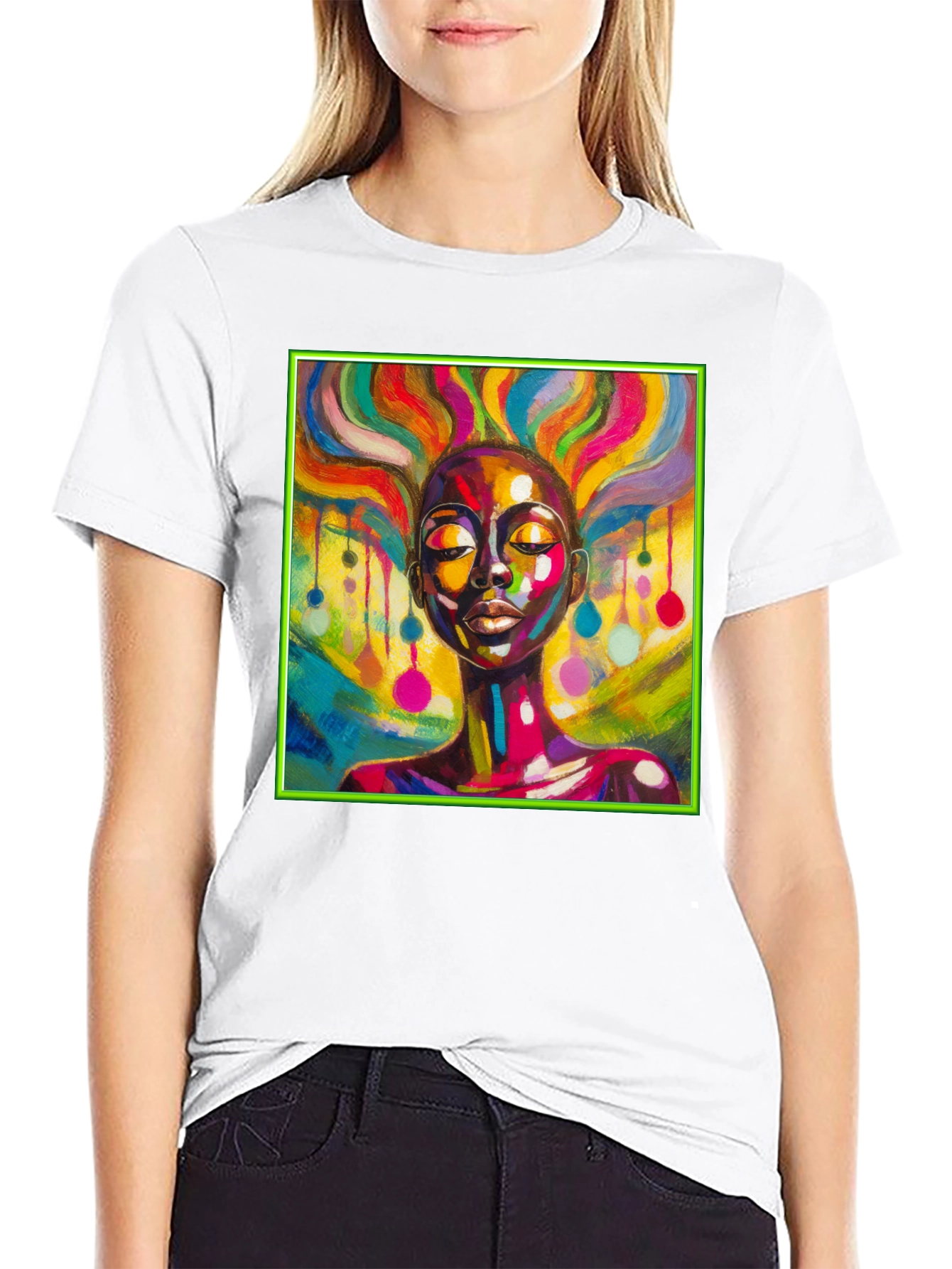 Black Vibrant Art T-Shirt: Colorful Woman Design view 9