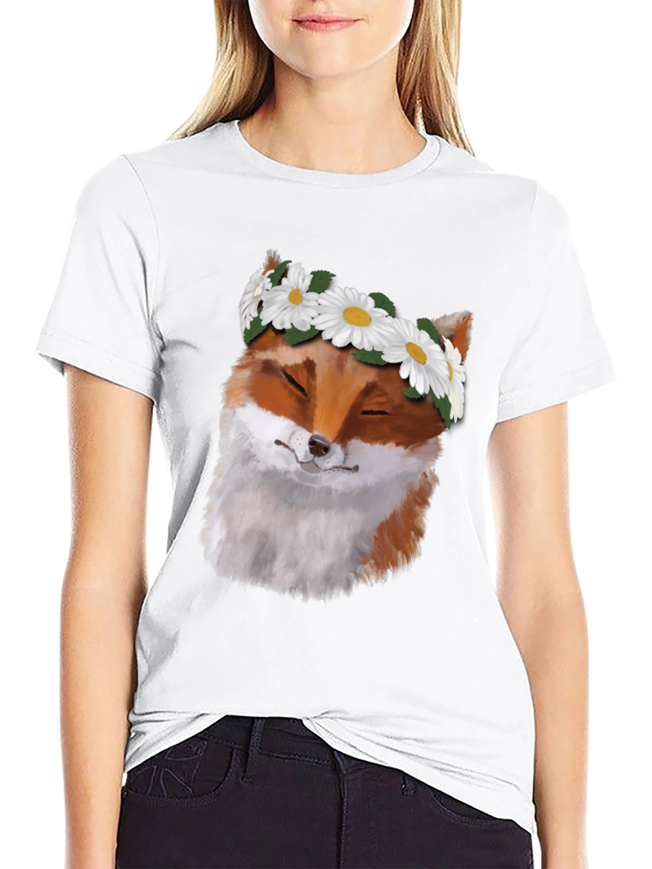 Black Fox with Daisy Crown Black T-Shirt - Unique Graphic Tee view 9