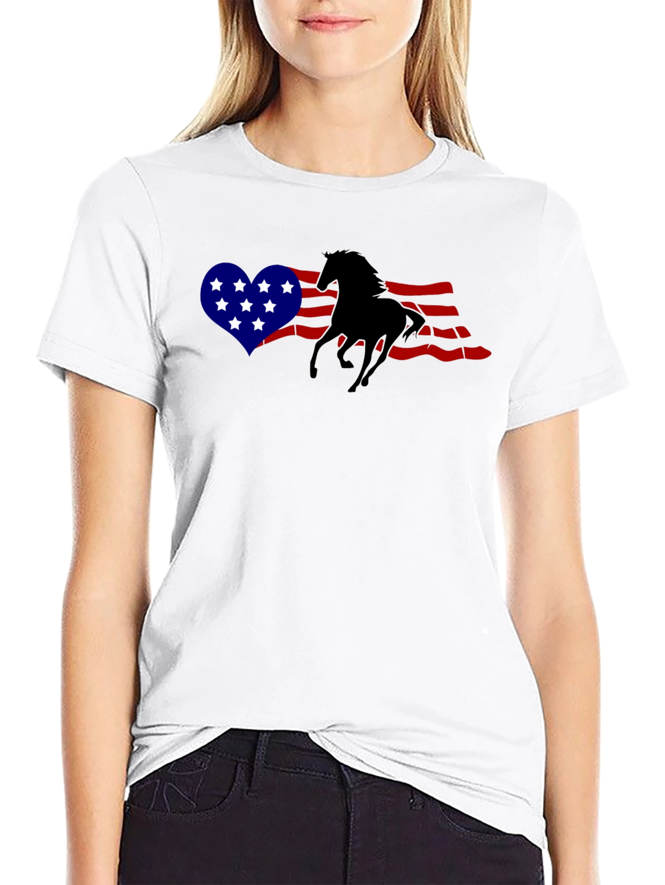 Black American Flag Horse Graphic T-Shirt view 9