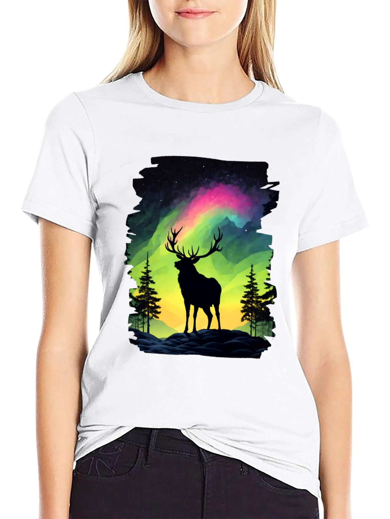 Black Aurora Deer Graphic Tee - Nature Inspired Design view 9