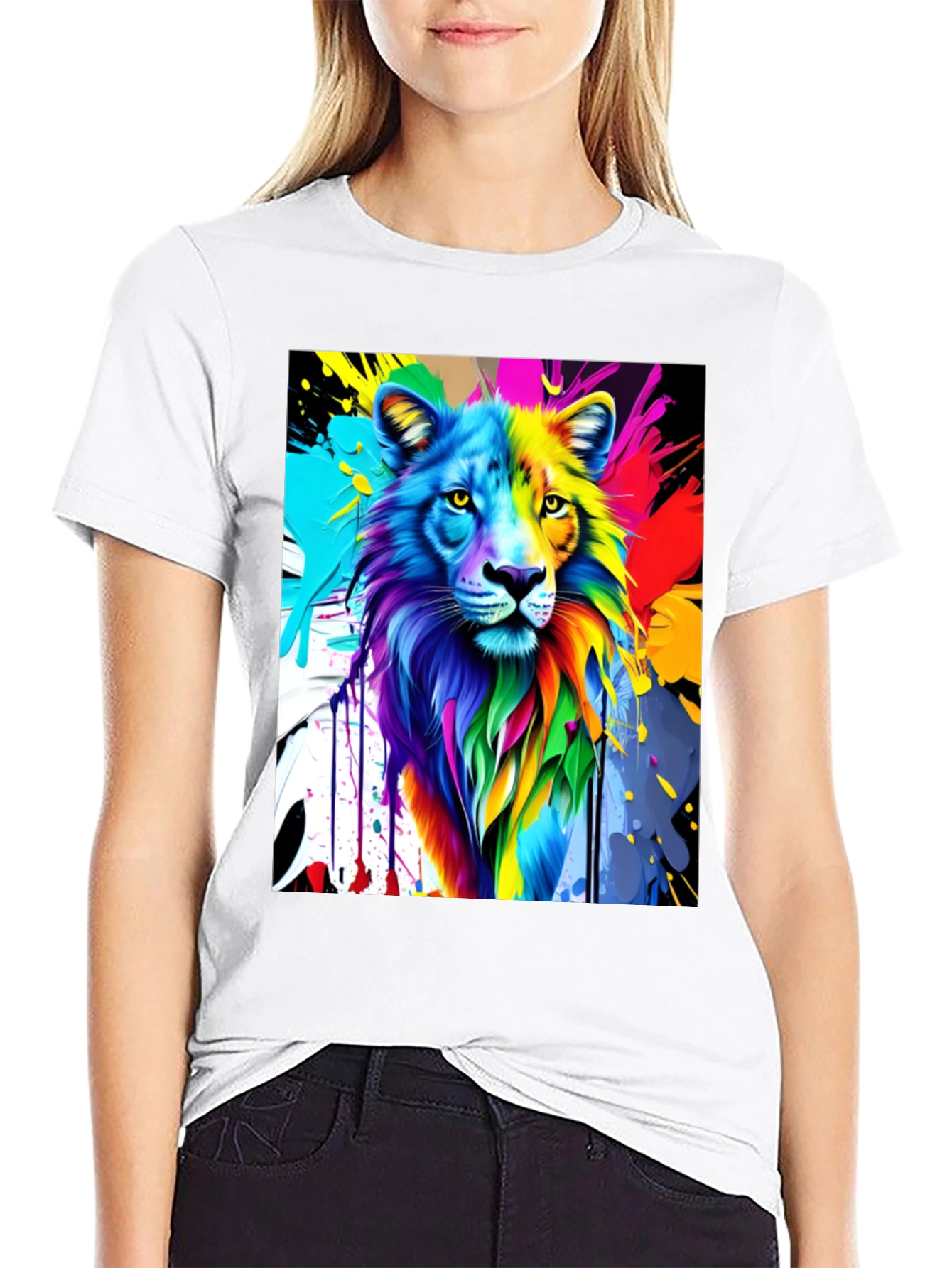 Black Colorful Lion Graphic Black T-Shirt view 9