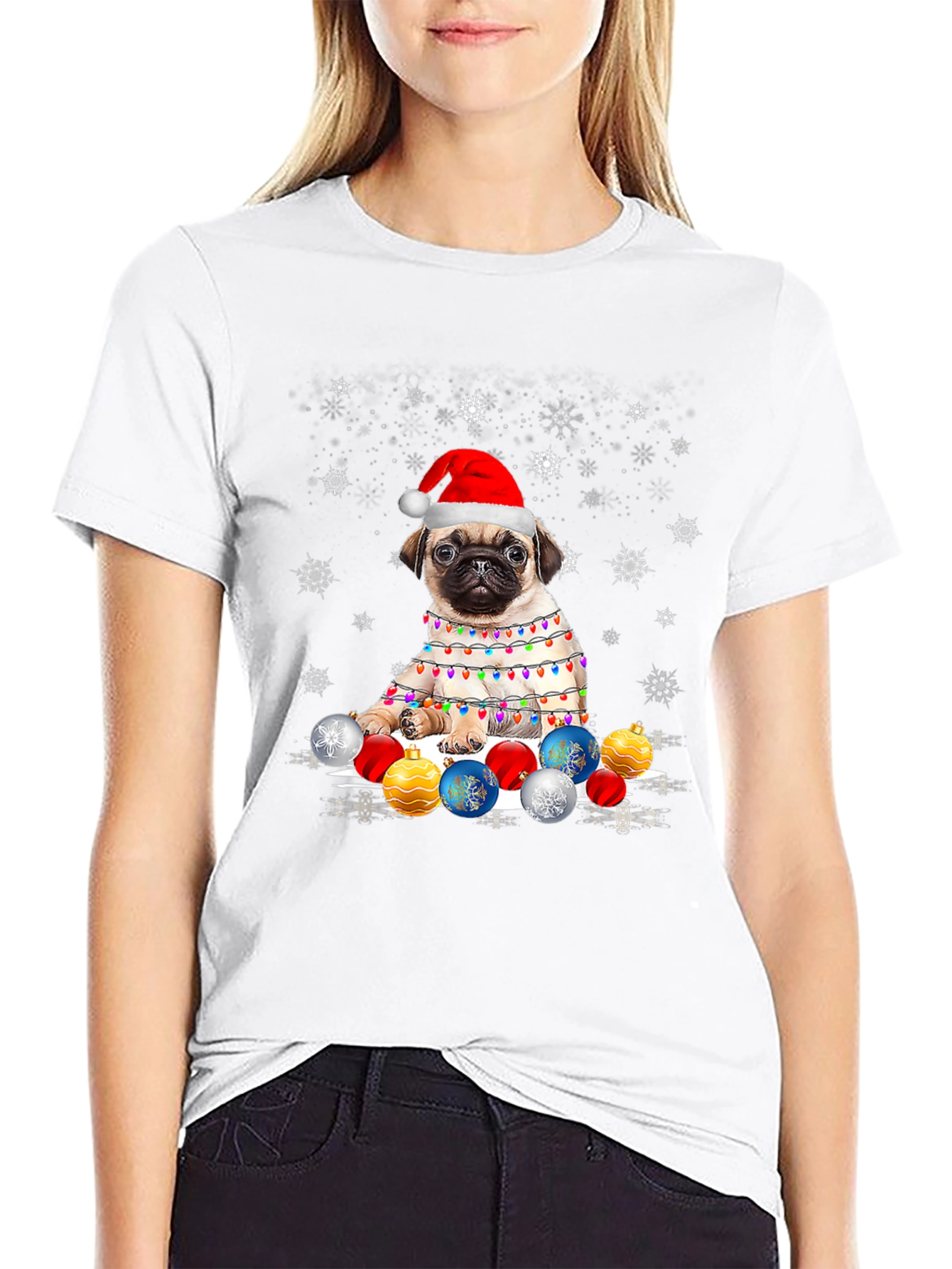 Black Festive Pug Christmas T-Shirt view 9