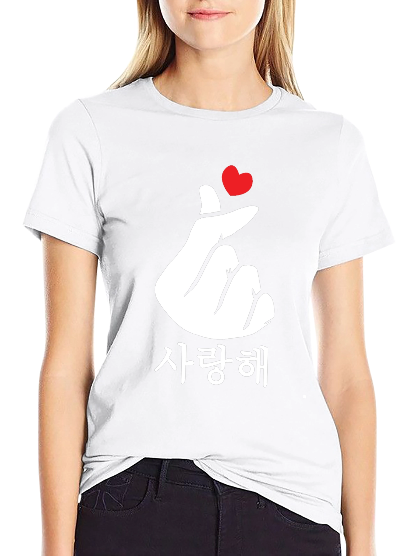Black Korean Finger Heart Love T-Shirt - Black view 9