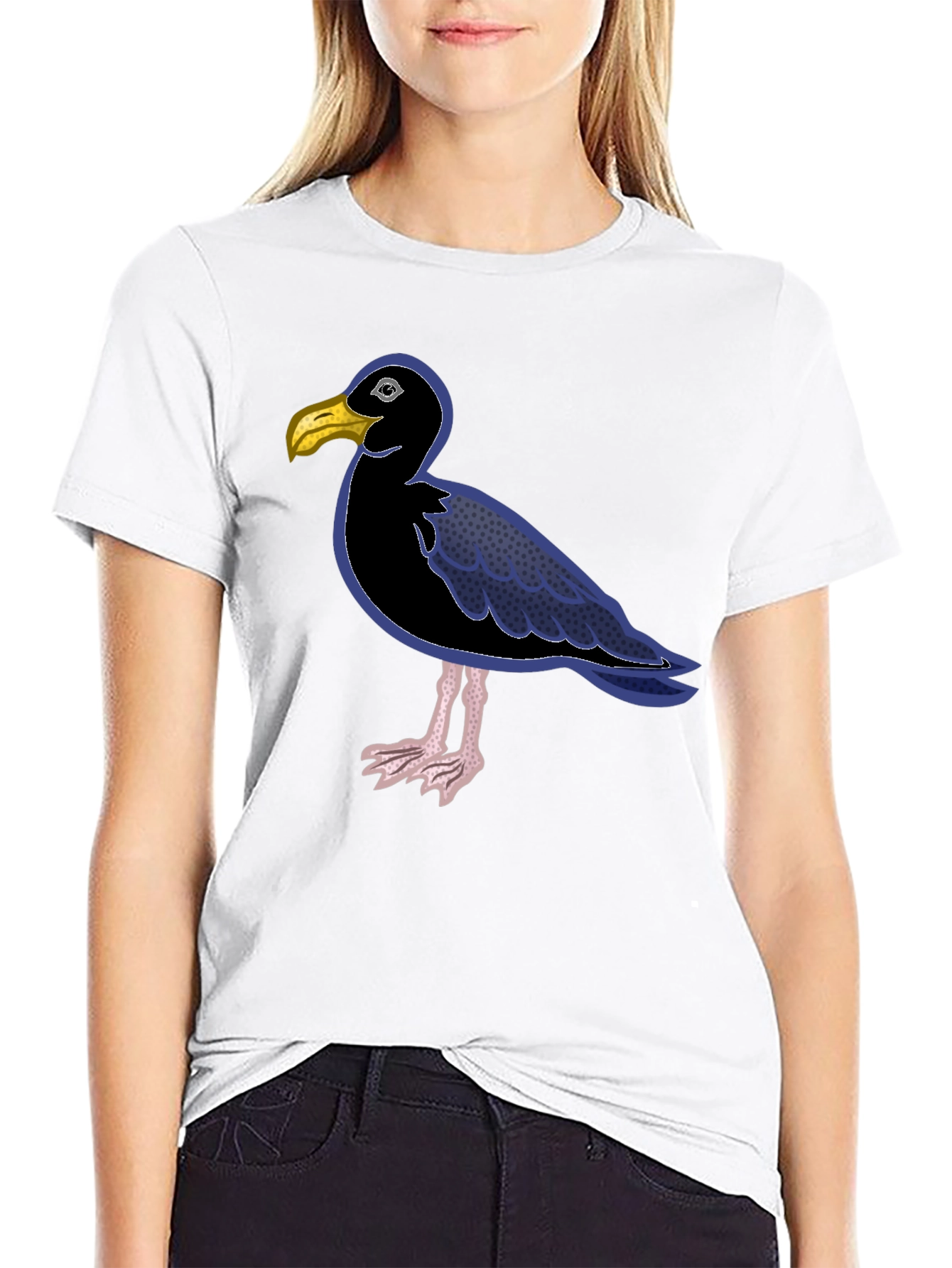 Black Black T-Shirt with Cartoon Seagull Design view 9