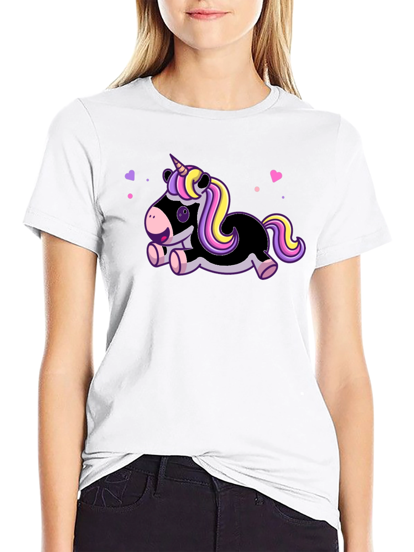 Black Cute Cartoon Unicorn Black T-Shirt view 9