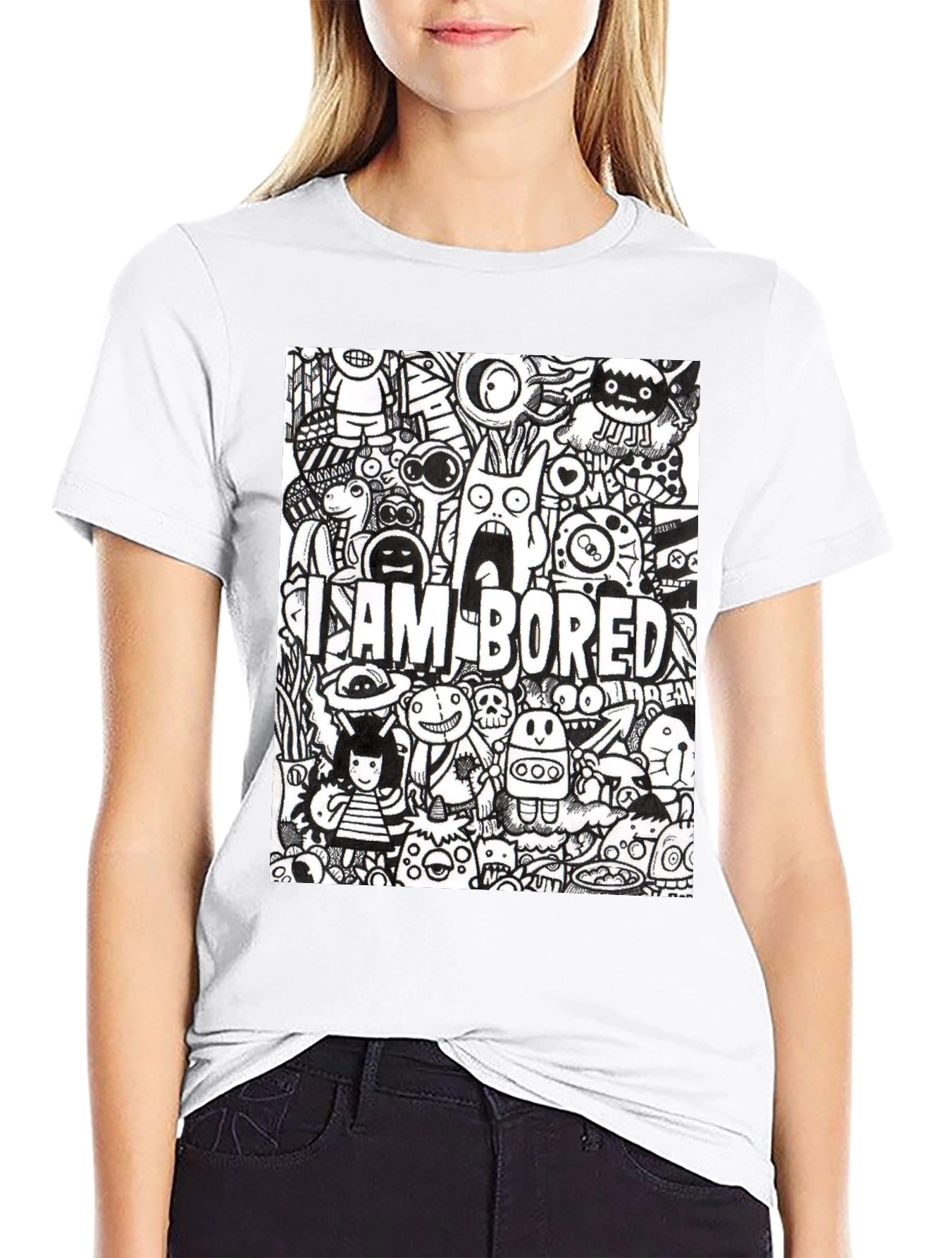 Black I Am Bored Doodle Art Graphic Tee view 9