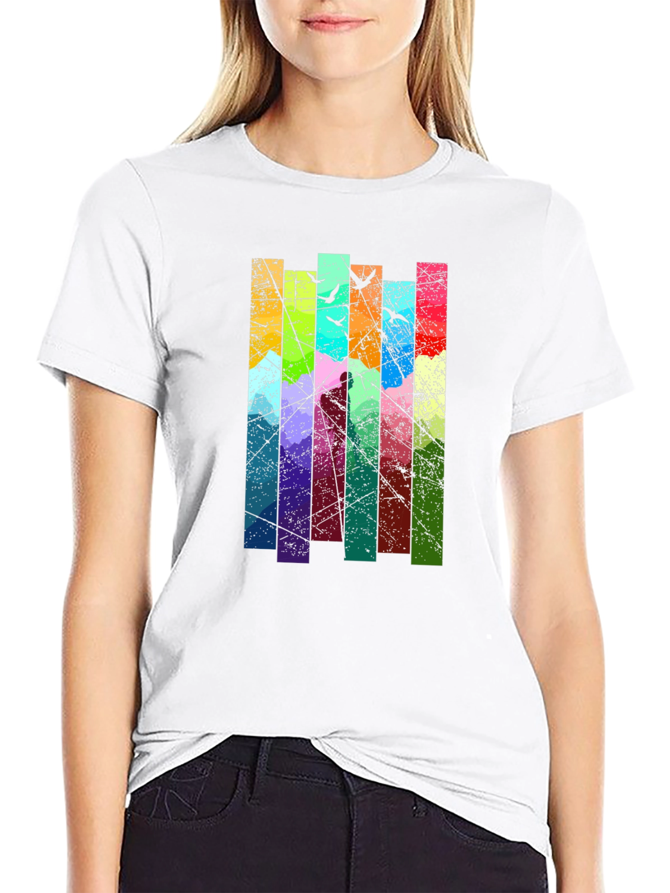 Black Abstract Art Birds on a Wire Graphic T-Shirt view 9