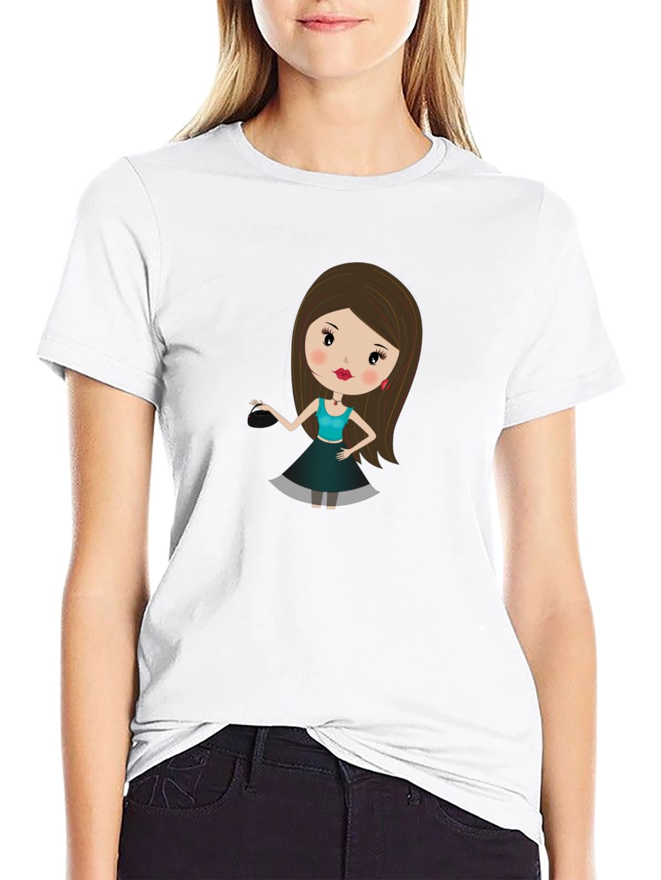 Black Cute Cartoon Girl Print Black T-Shirt view 9