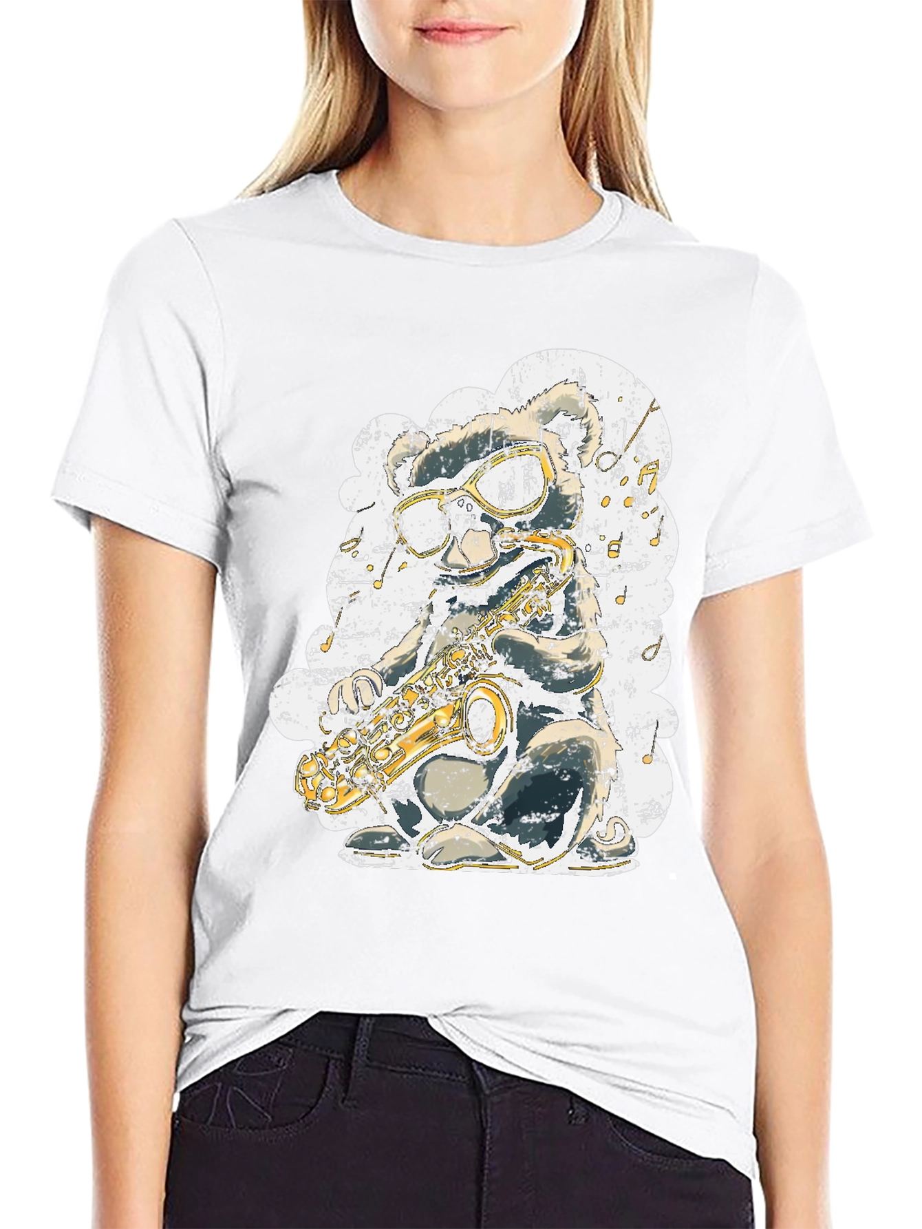 Black Cool Cartoon Mouse Saxophone Player Graphic T-Shirt view 9