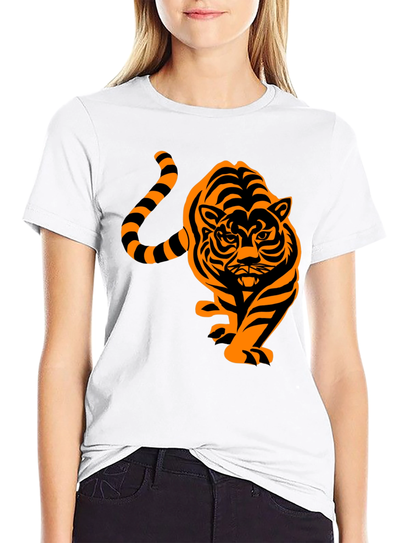 Black Men's Black T-Shirt with Orange Tiger Design view 9