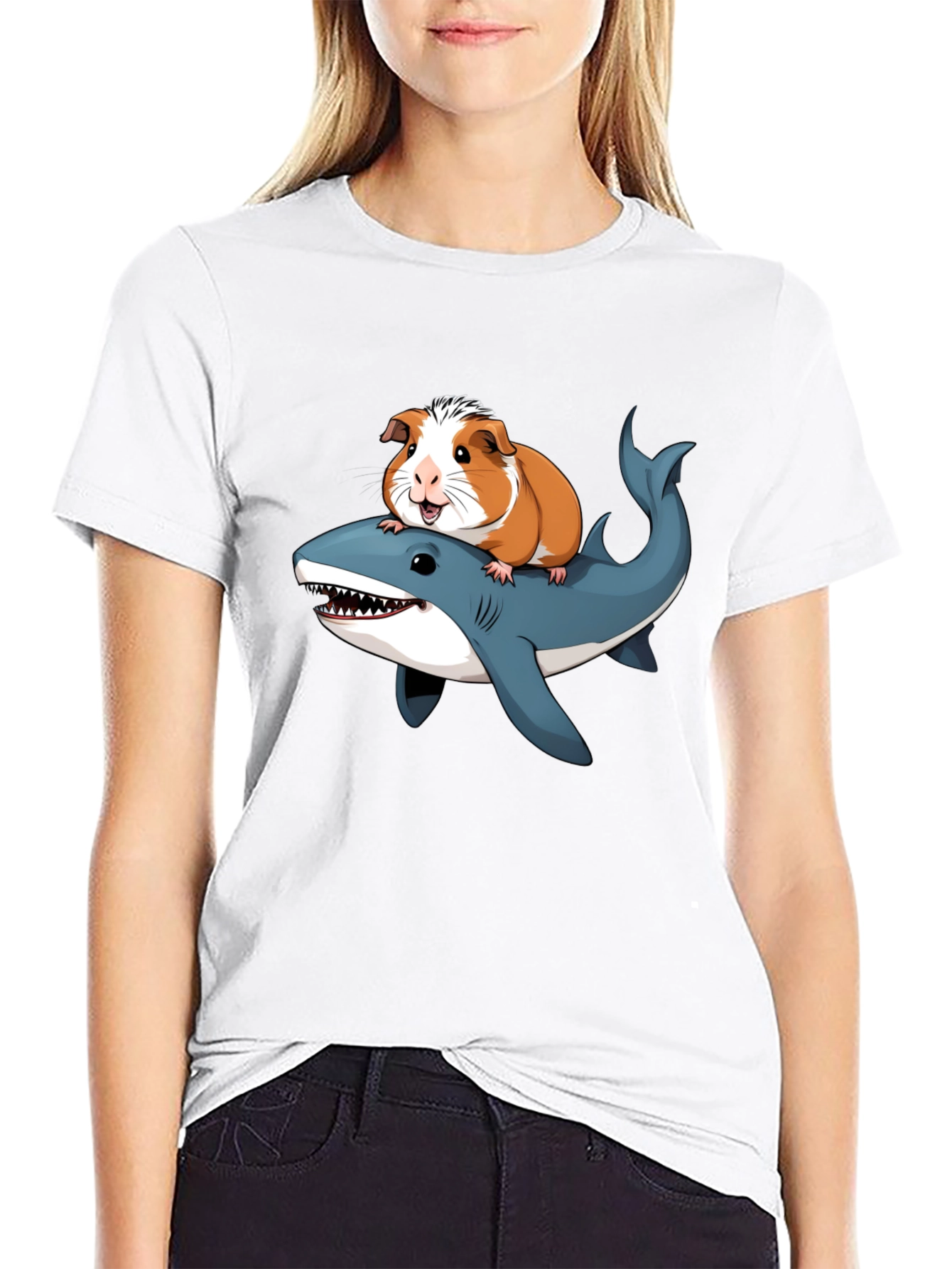 Black Guinea Pig Riding Shark Funny T-Shirt view 9