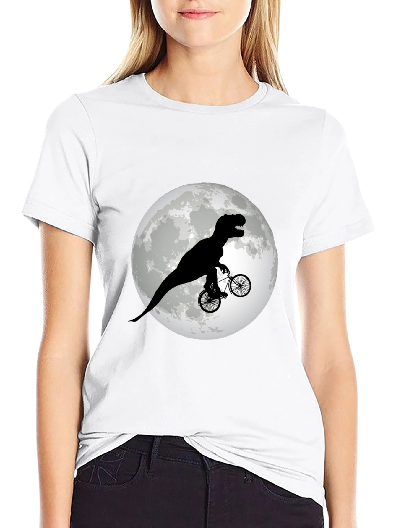 Black Dino Biker T-Shirt - Funny T-Rex Riding Bicycle Moon Tee view 9