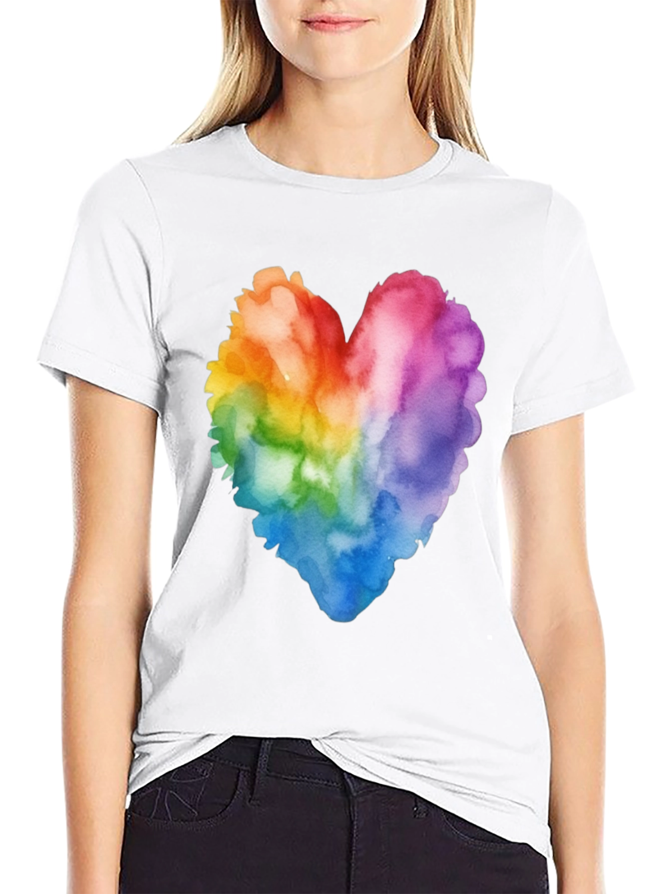 Black Rainbow Heart Watercolor T-Shirt - Pride Style view 9