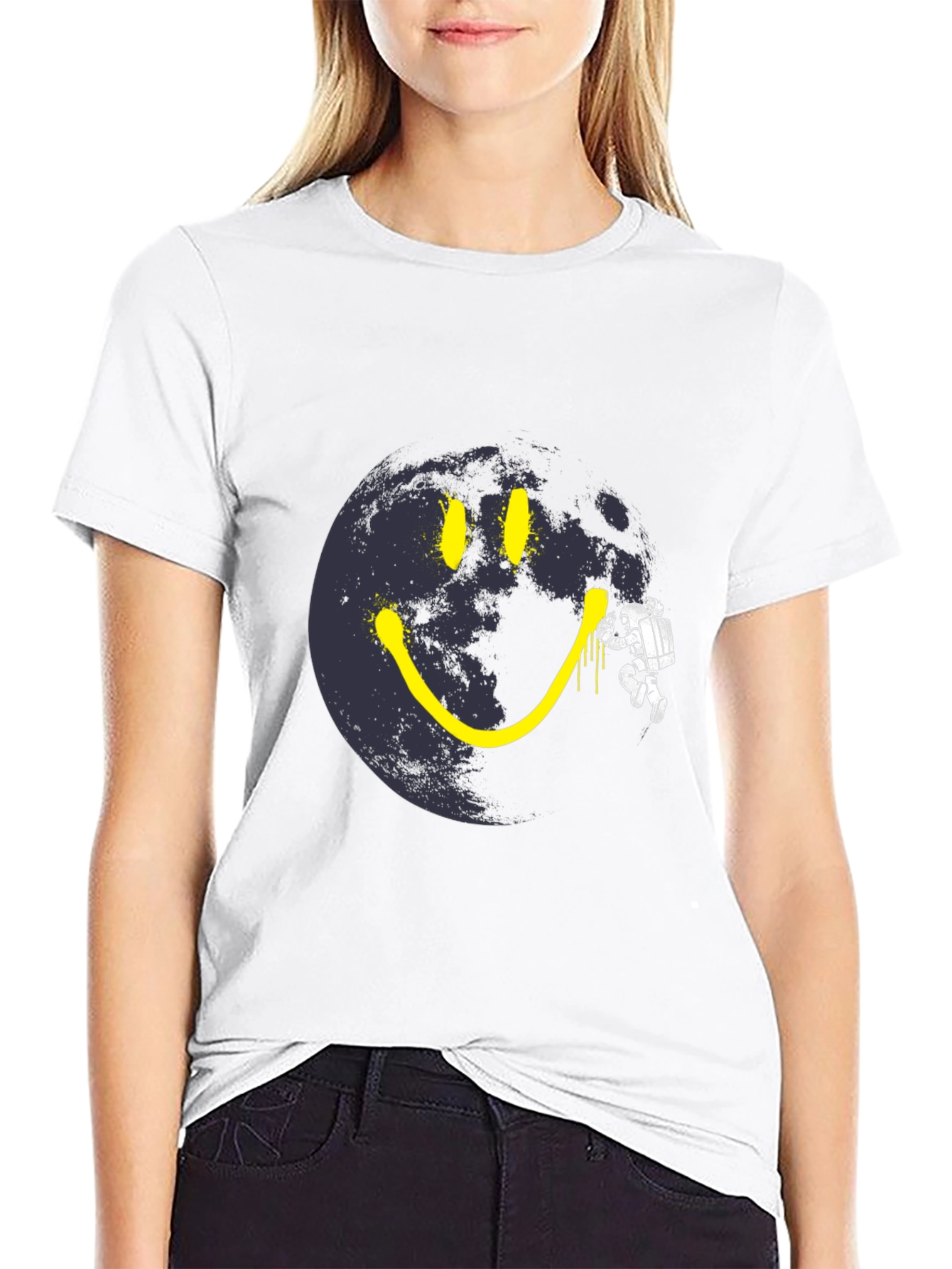 Black Astronaut Moon Smile T-Shirt - Black Cotton Graphic Tee view 9