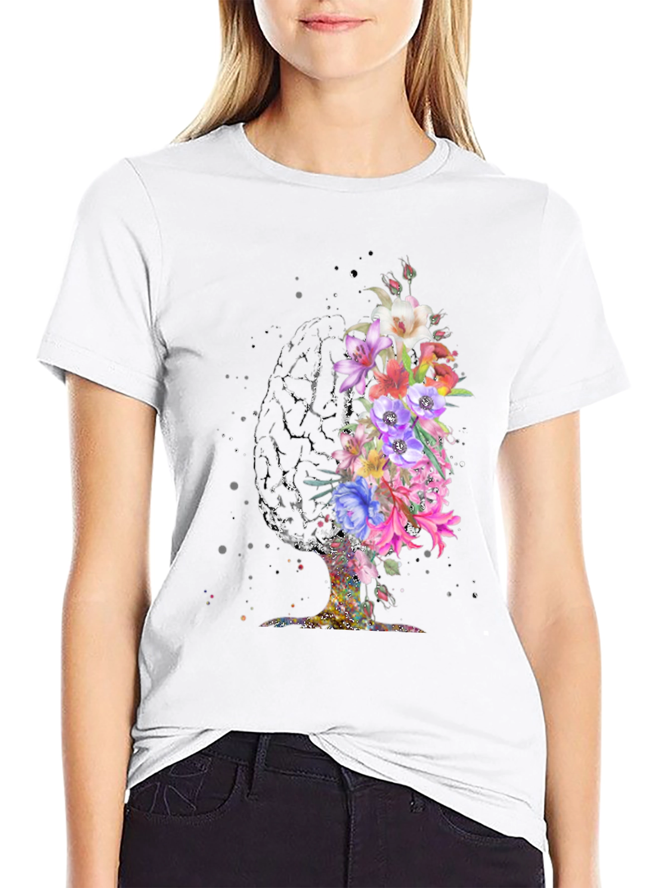 Black Floral Brain Graphic T-Shirt view 9