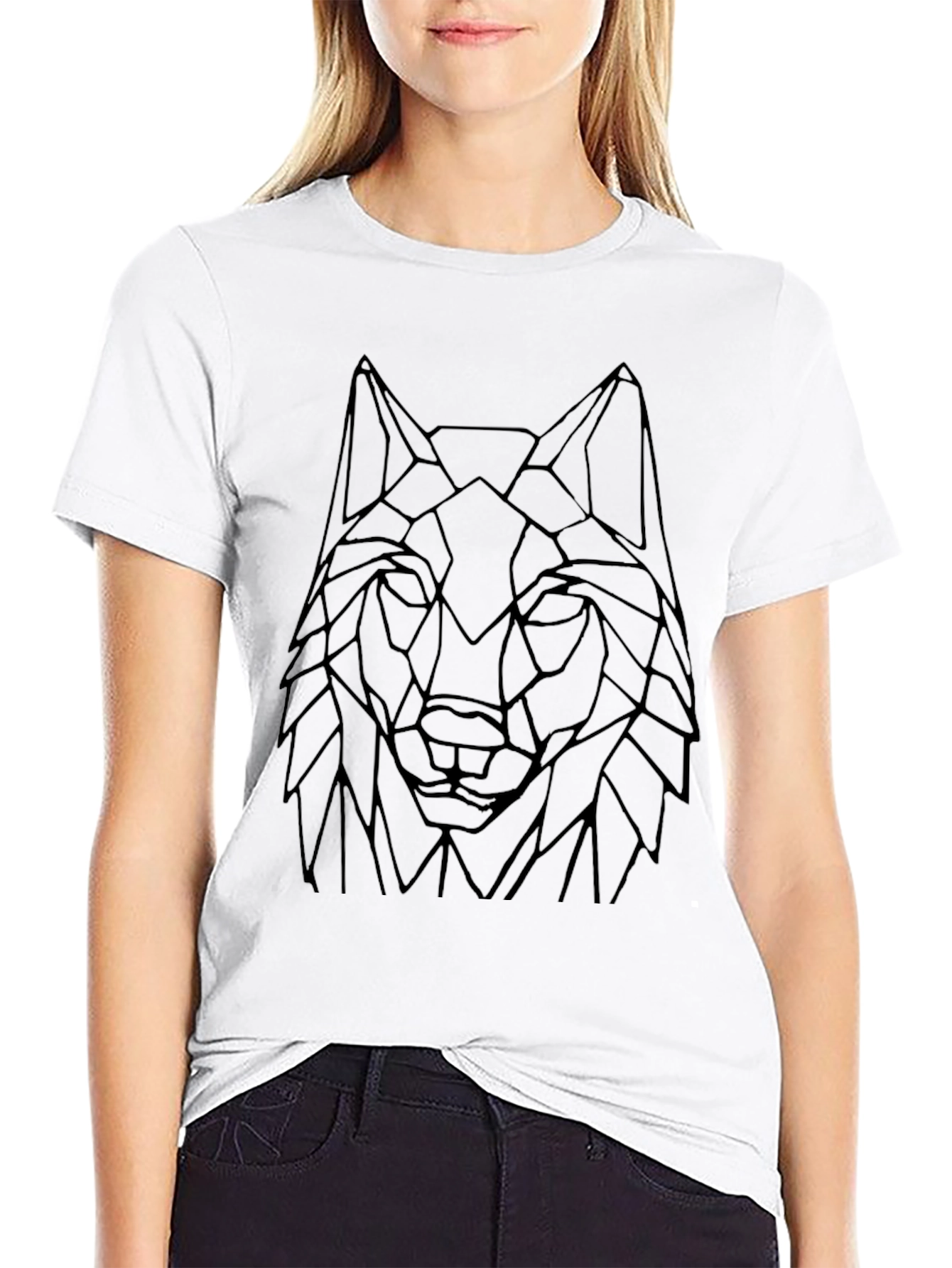 Black Geometric Wolf Head Black Graphic Tee view 9