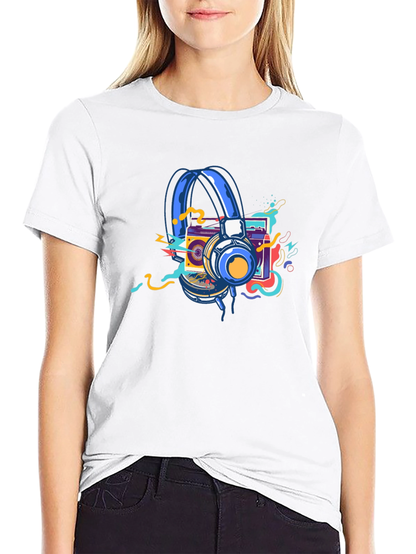 Black Retro Music Graphic T-Shirt: Headphones & Boombox view 9