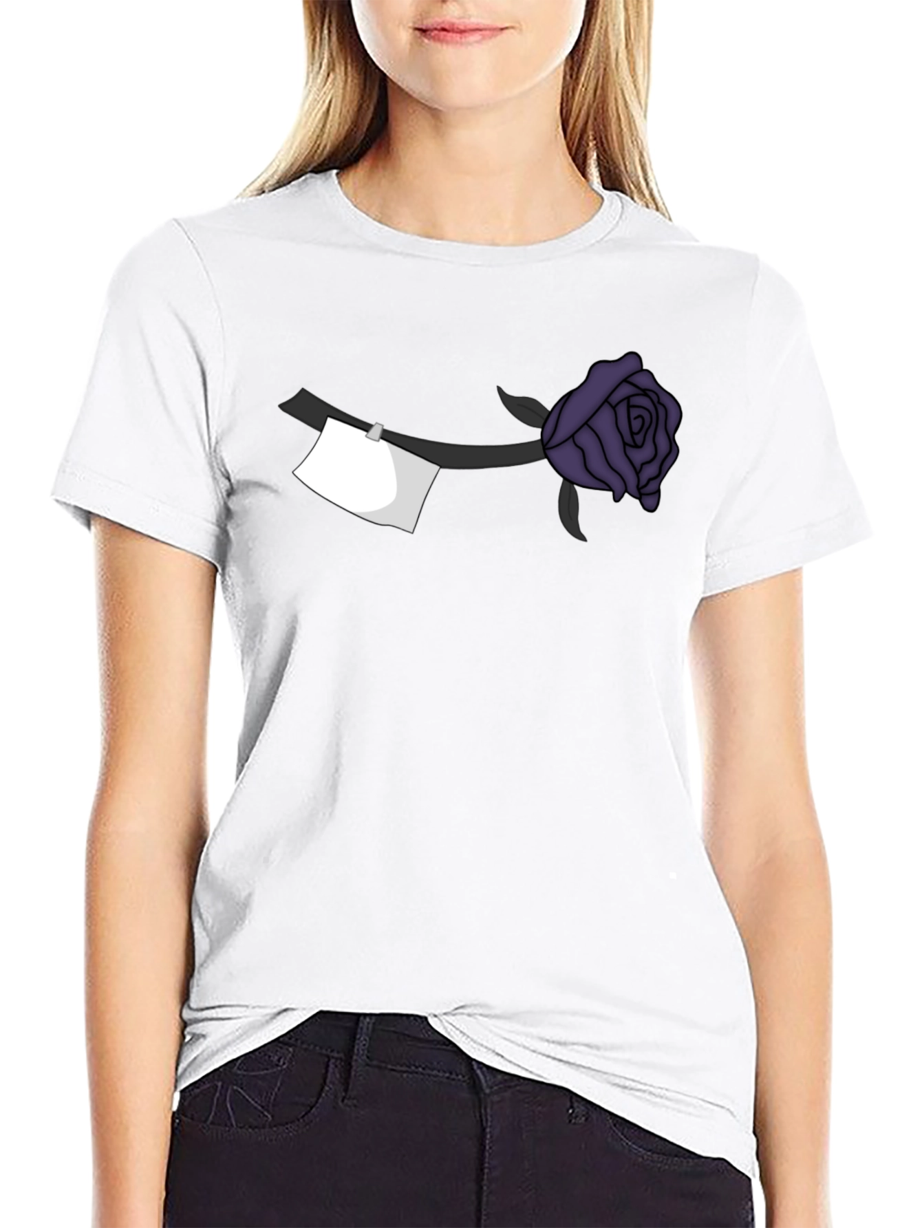 Black Black T-Shirt with Purple Rose and Note Design view 9
