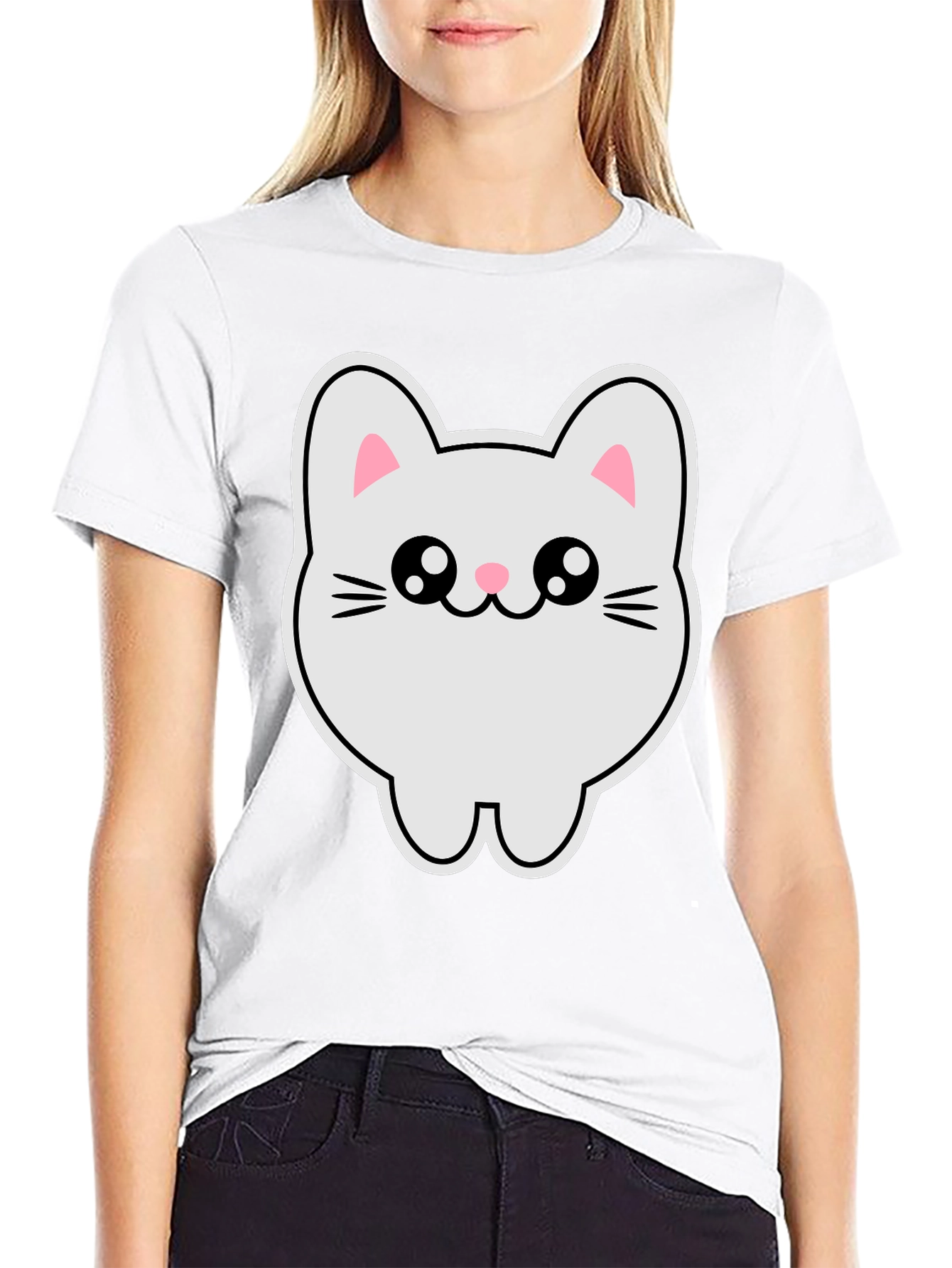 Black Cute Kawaii Cat T-Shirt - Black Cotton Tee view 9
