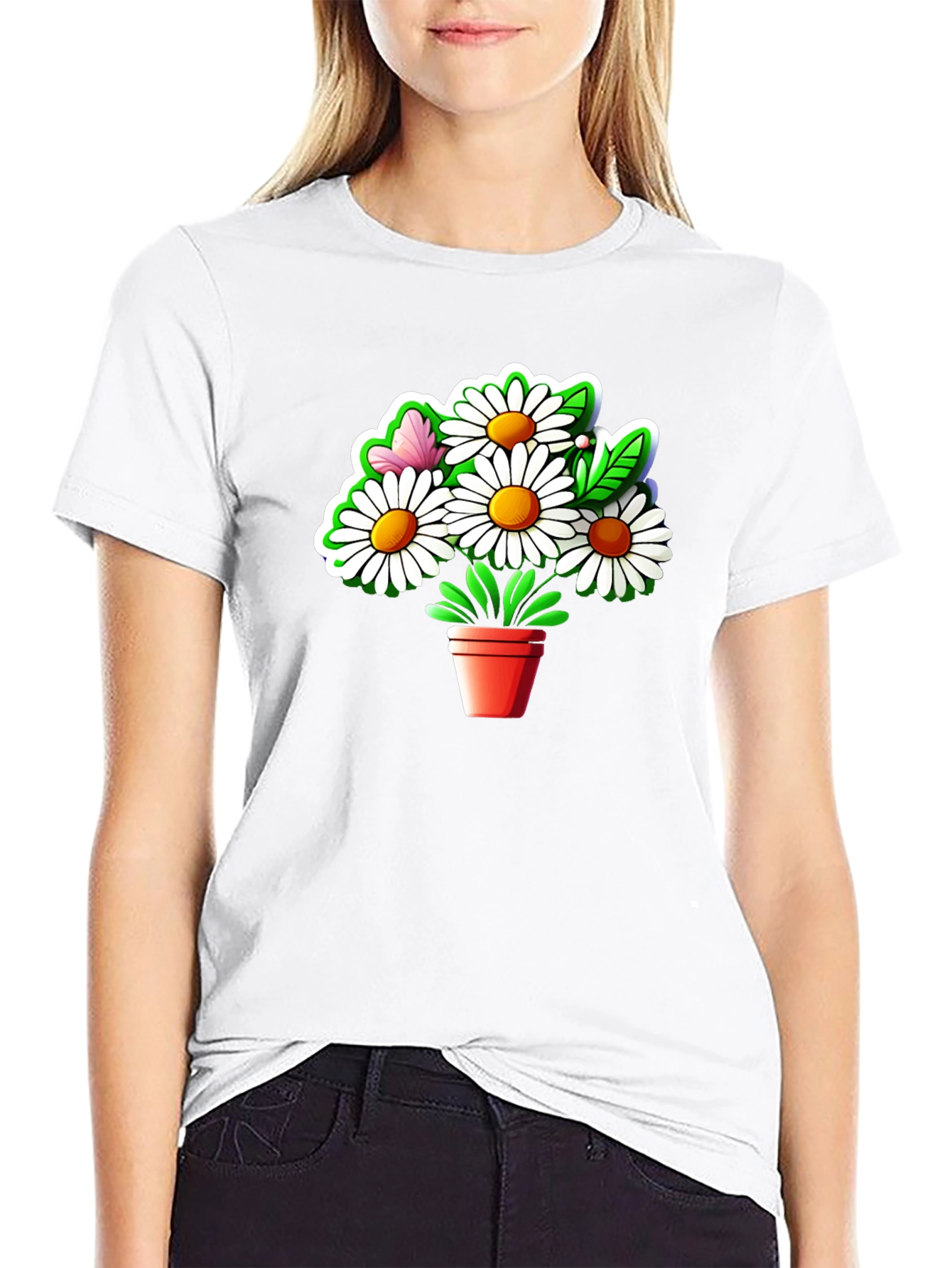 Black Daisy Flower Pot Graphic Tee - Black Cotton Casual T-Shirt view 9