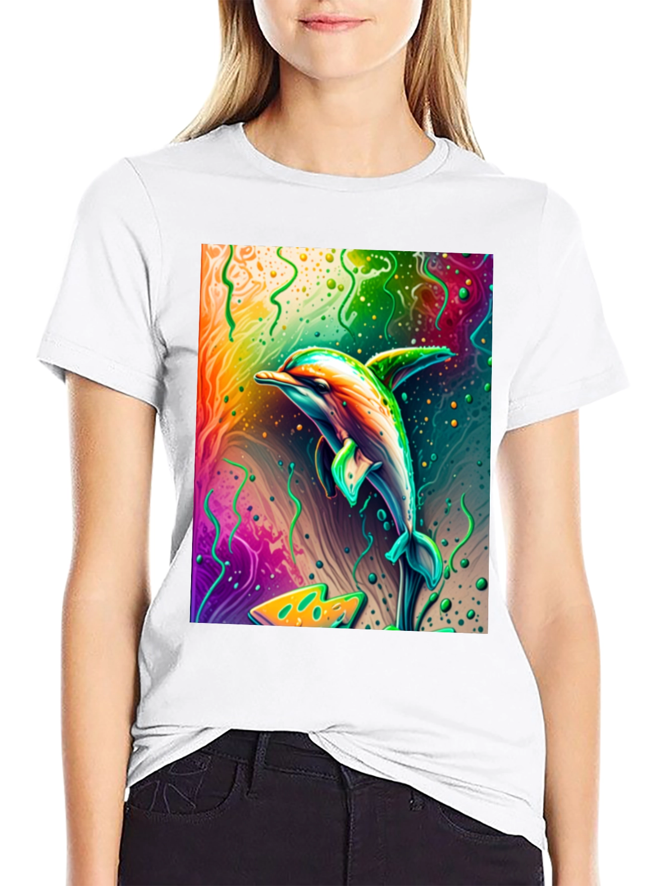Black Vivid Dolphin Graphic T-Shirt - Black Cotton Tee view 9