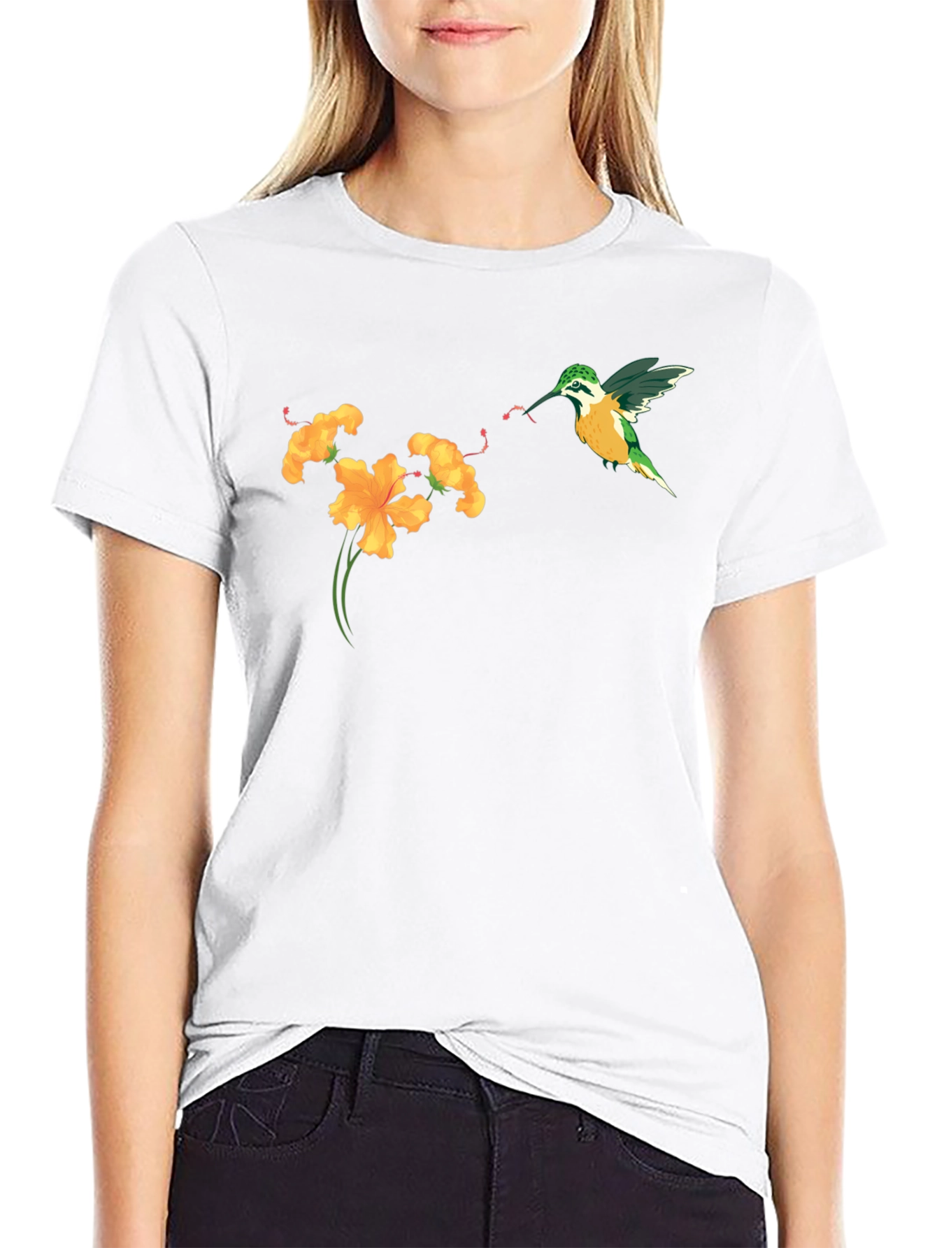 Black Hummingbird & Flower Graphic Tee - Stylish Black T-Shirt view 9
