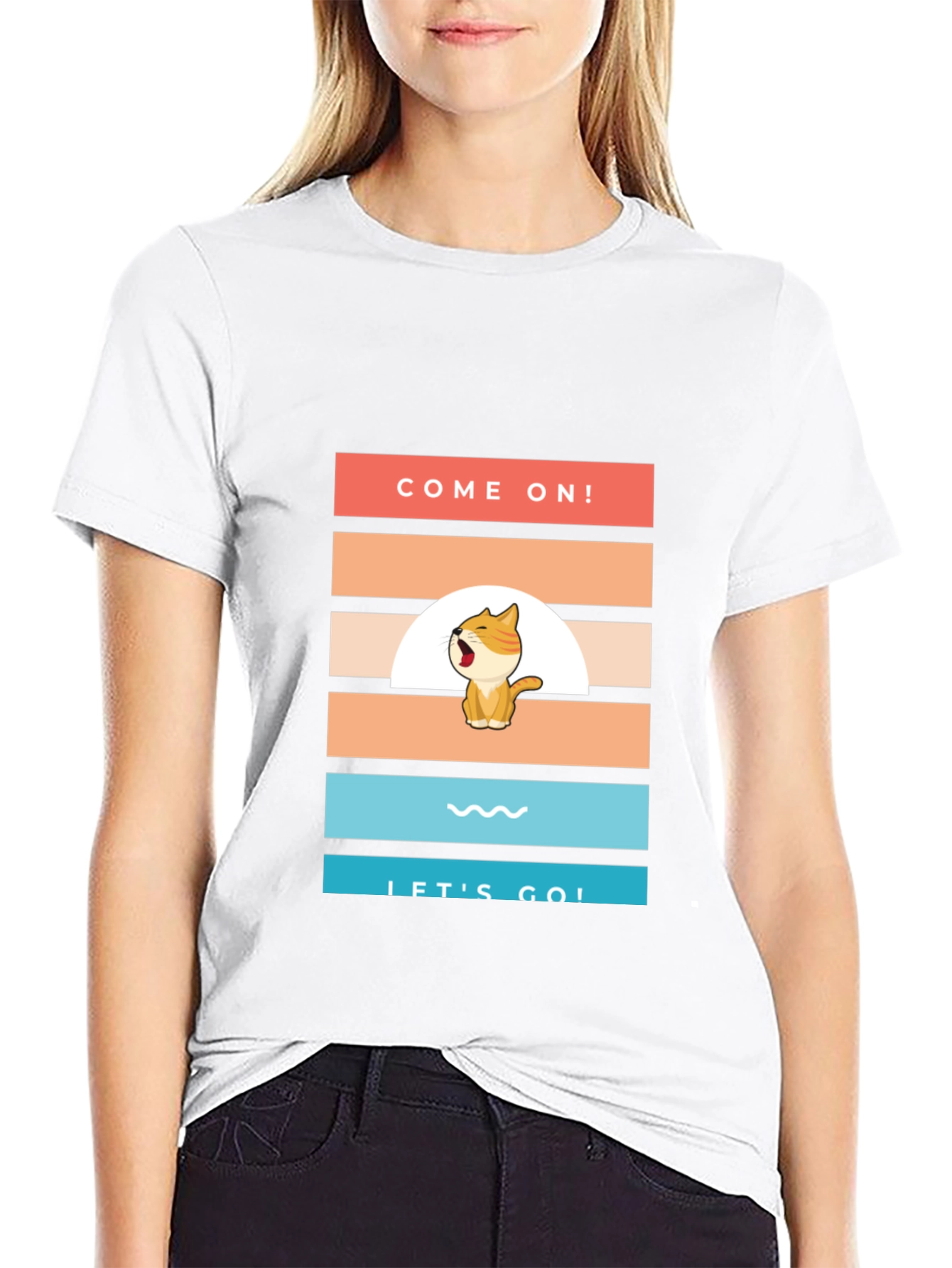 Black Come On! Let's Go! Cartoon Cat T-Shirt view 9