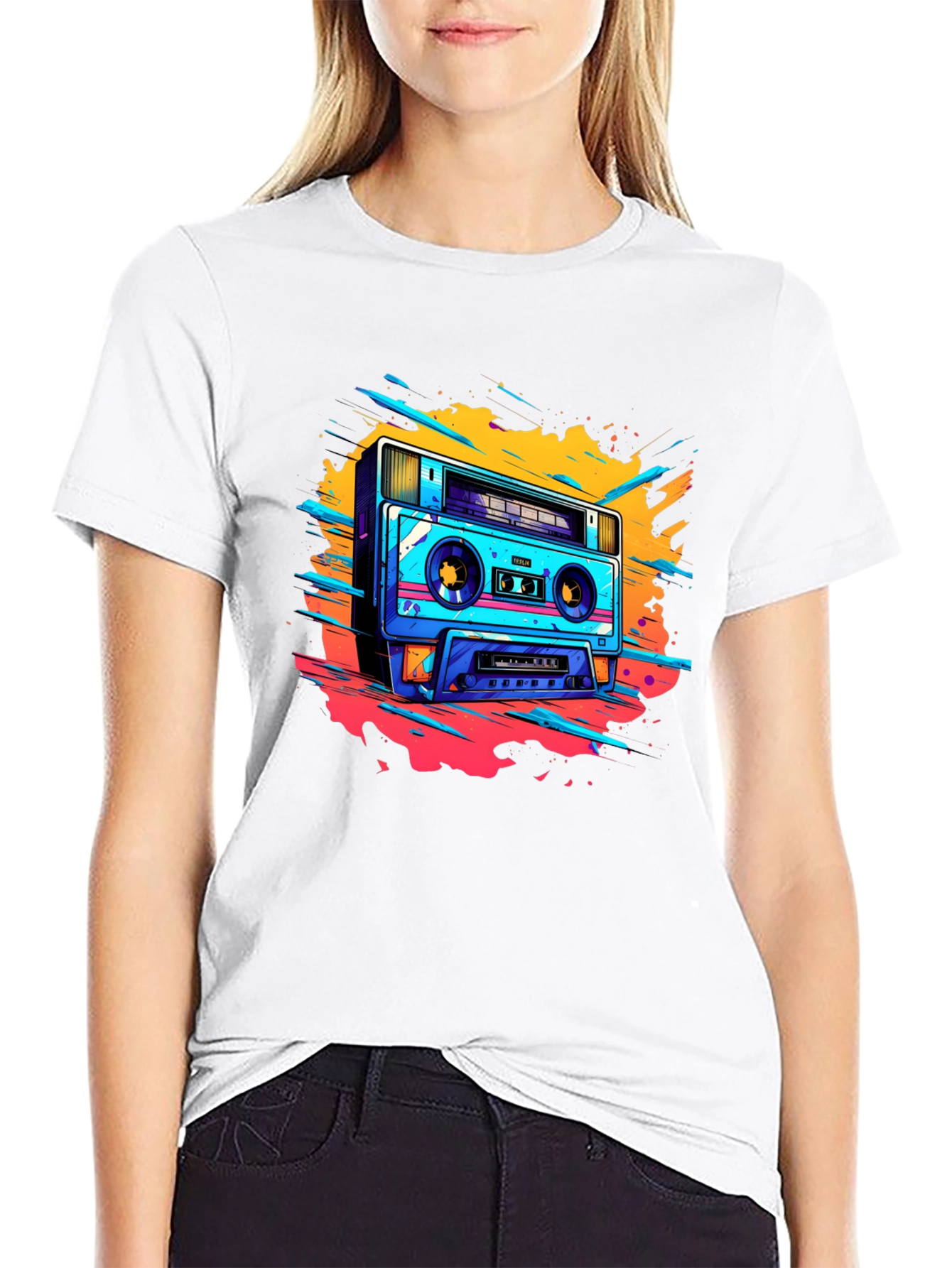 Black Retro Boombox Graphic Tee - Black Cotton T-Shirt view 9