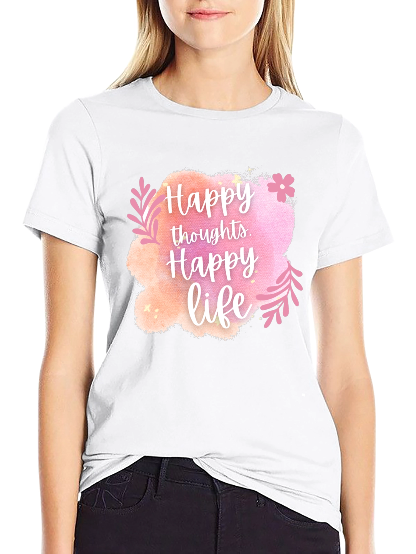 Black Happy Thoughts, Happy Life Graphic Tee view 9