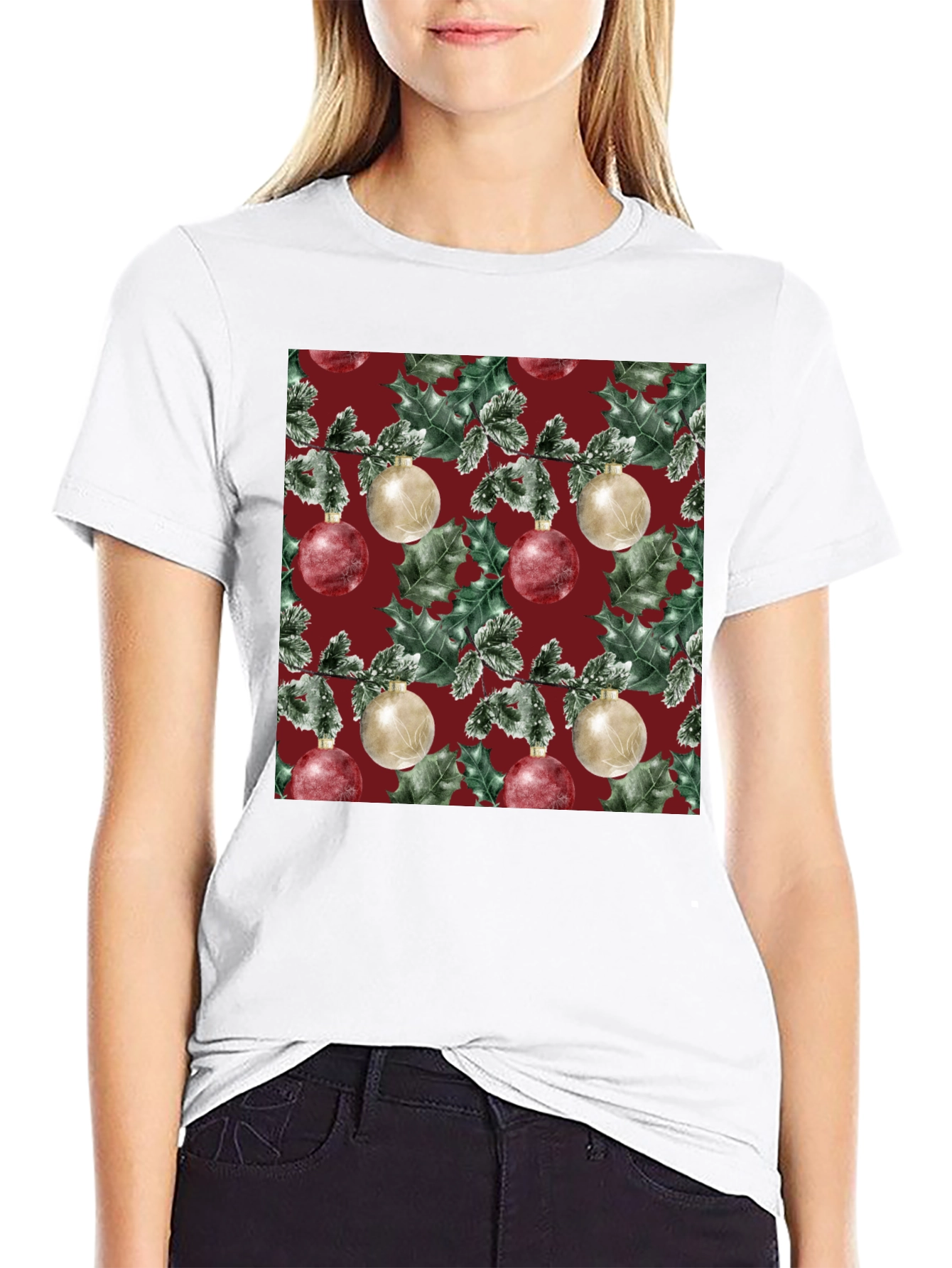 Black Festive Christmas Ornament Pattern T-Shirt view 9