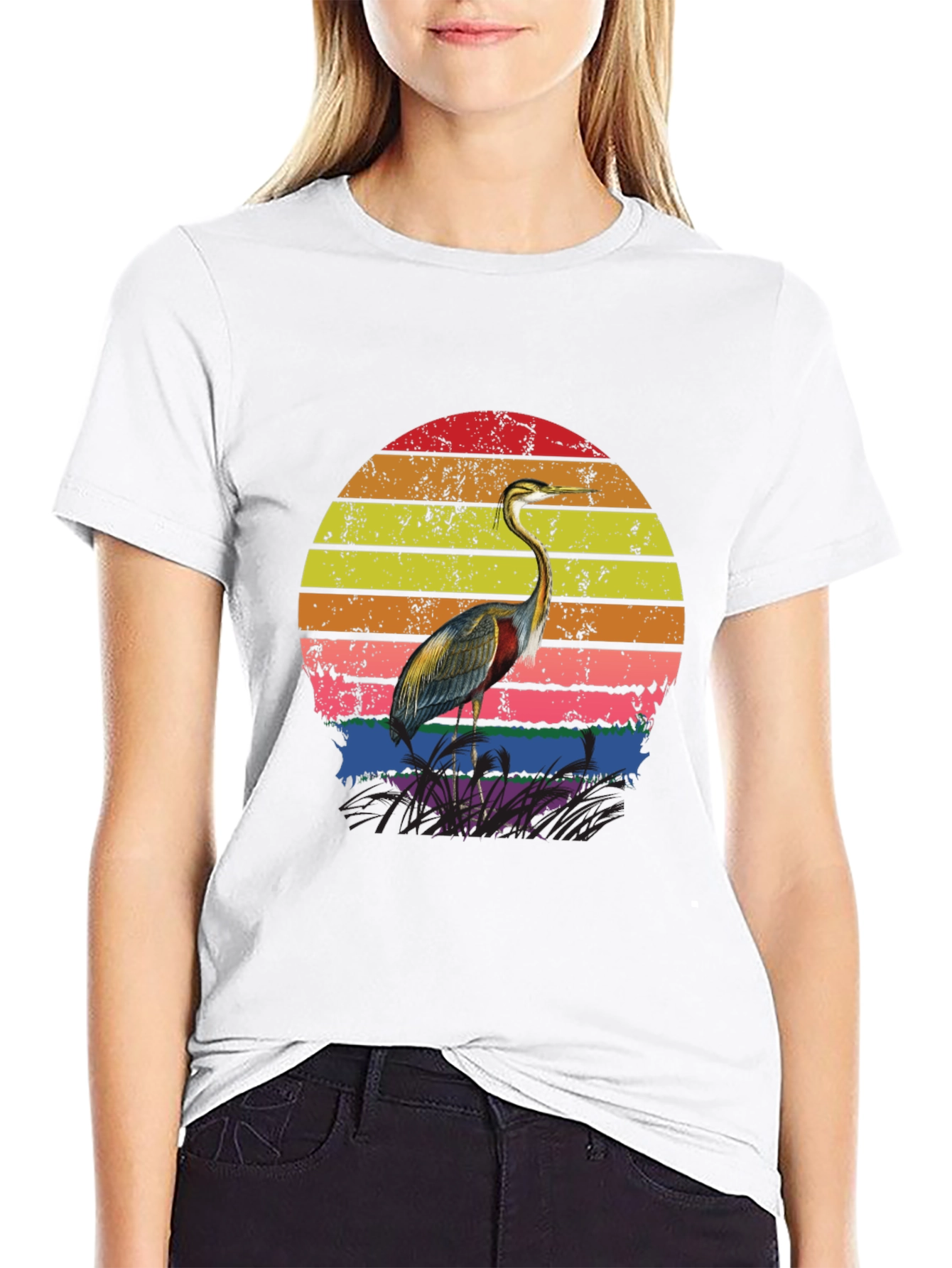 Black Retro Heron Sunset Graphic Tee - Black Cotton Blend view 9