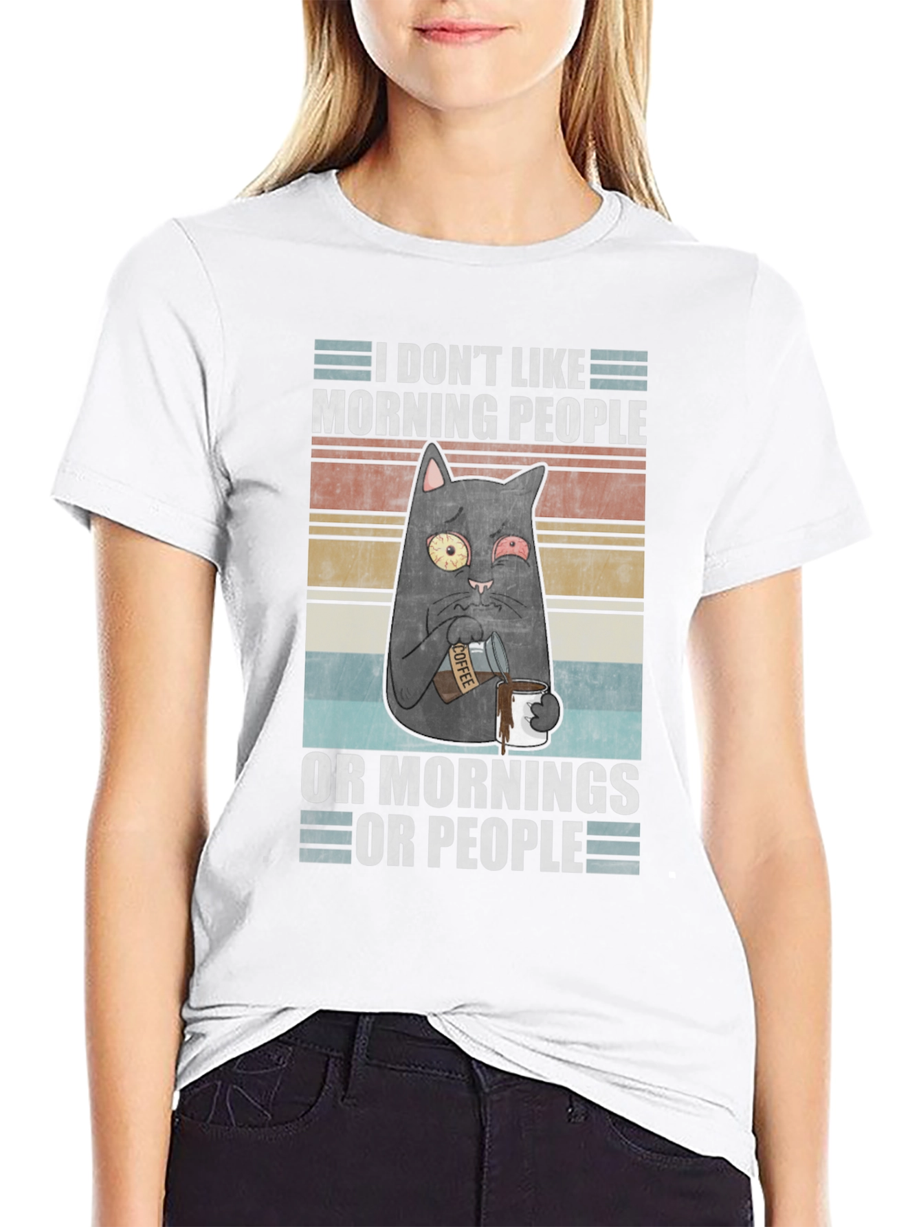 Black Humorous 'I Don't Like Morning People' Cat T-Shirt view 9