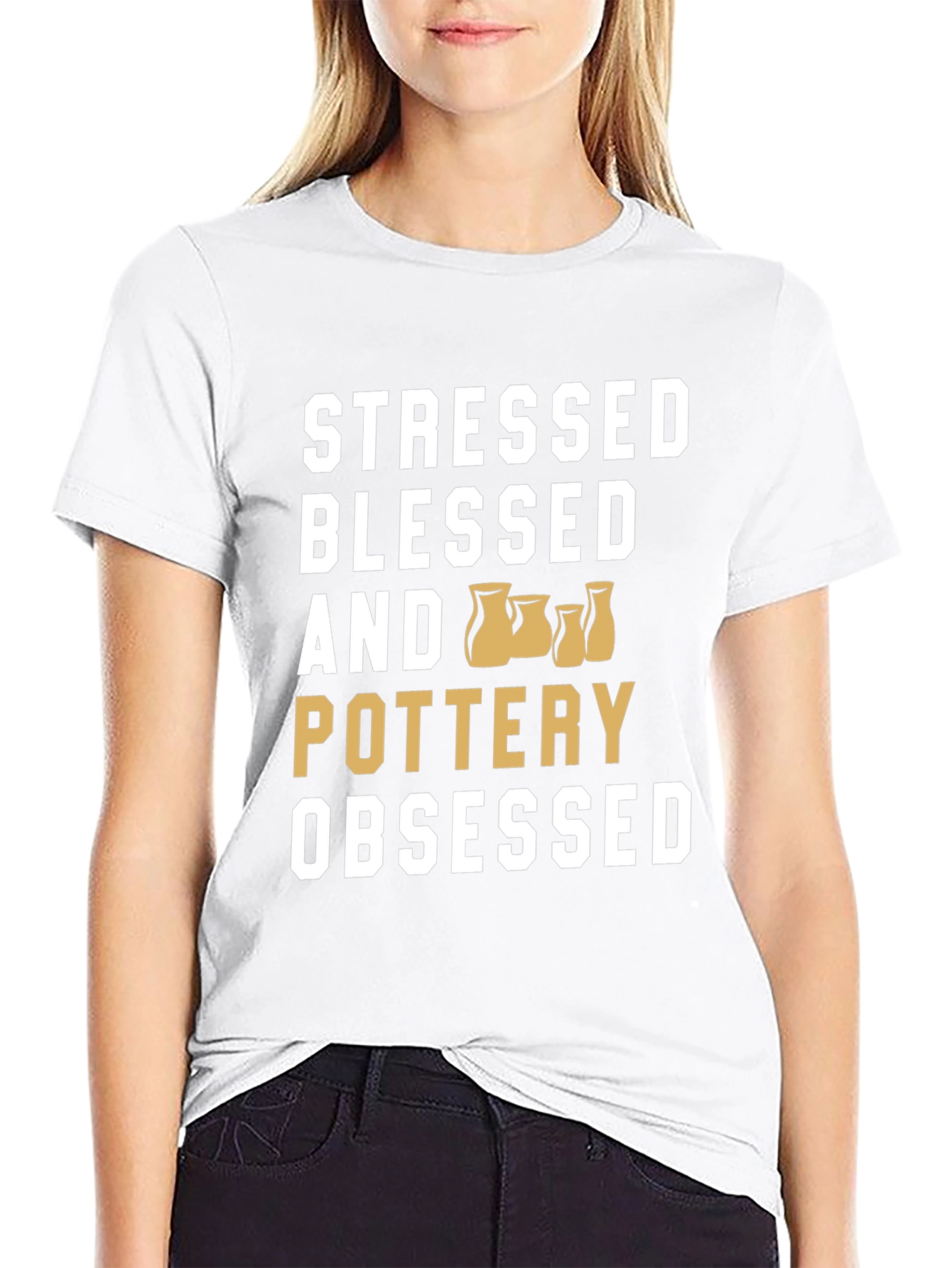 Black Stressed Blessed Pottery Obsessed T-Shirt view 9