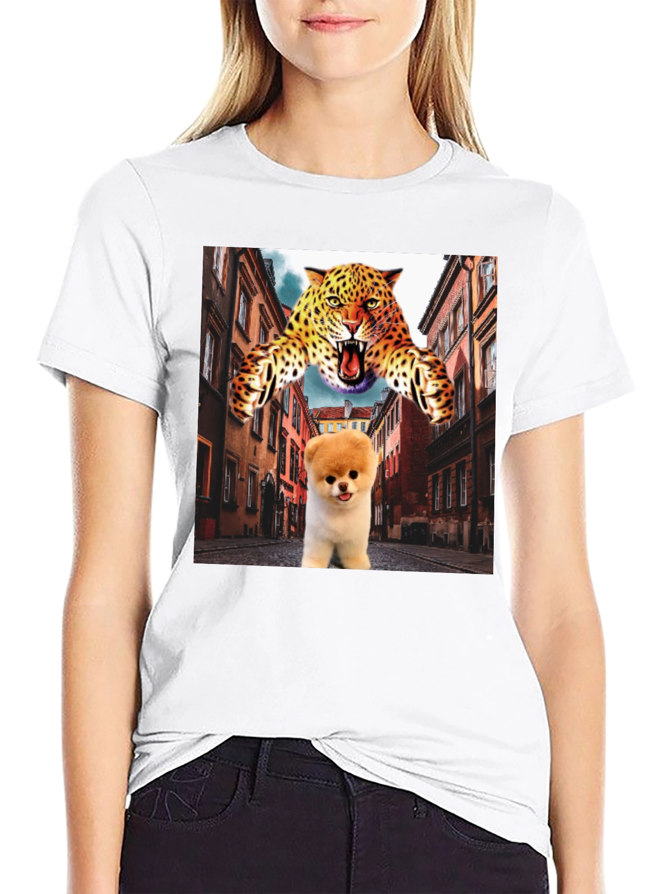 Black Novelty Graphic T-Shirt: Leopard and Pomeranian Design view 9