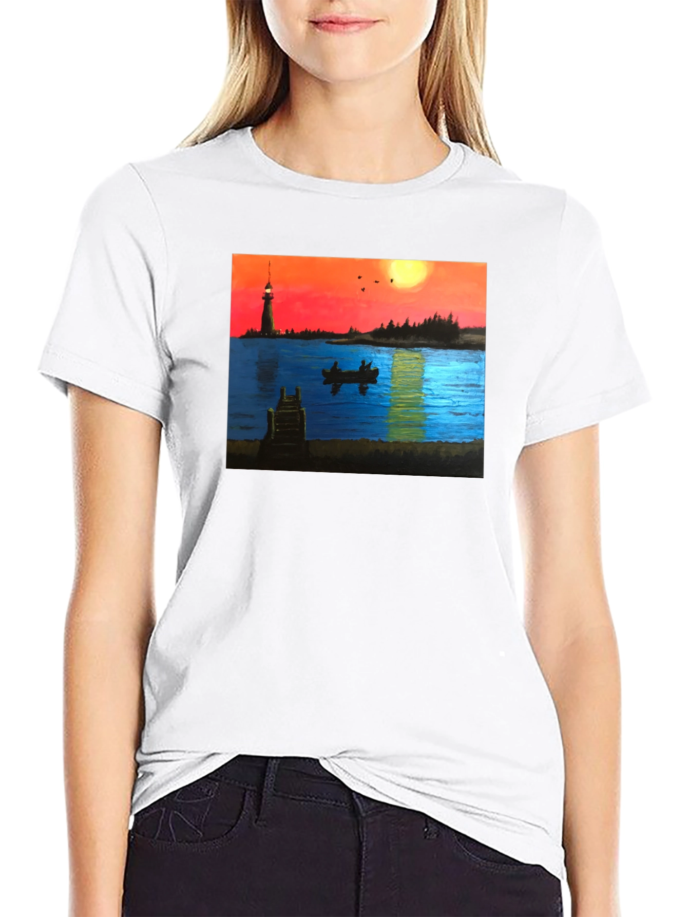 Black Sunset Lake Lighthouse Graphic Tee view 9