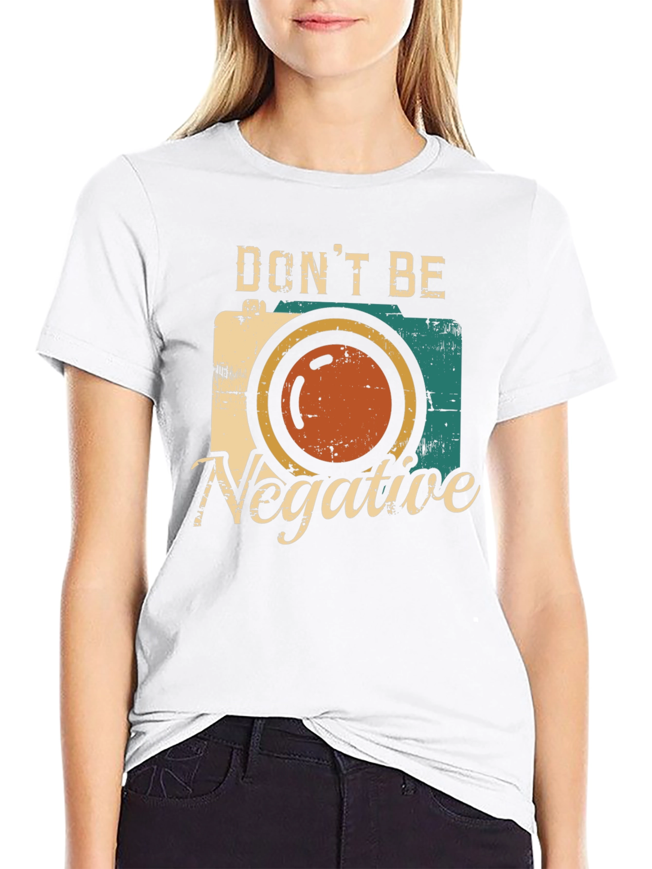 Black Don't Be Negative Retro Camera Graphic T-Shirt view 9