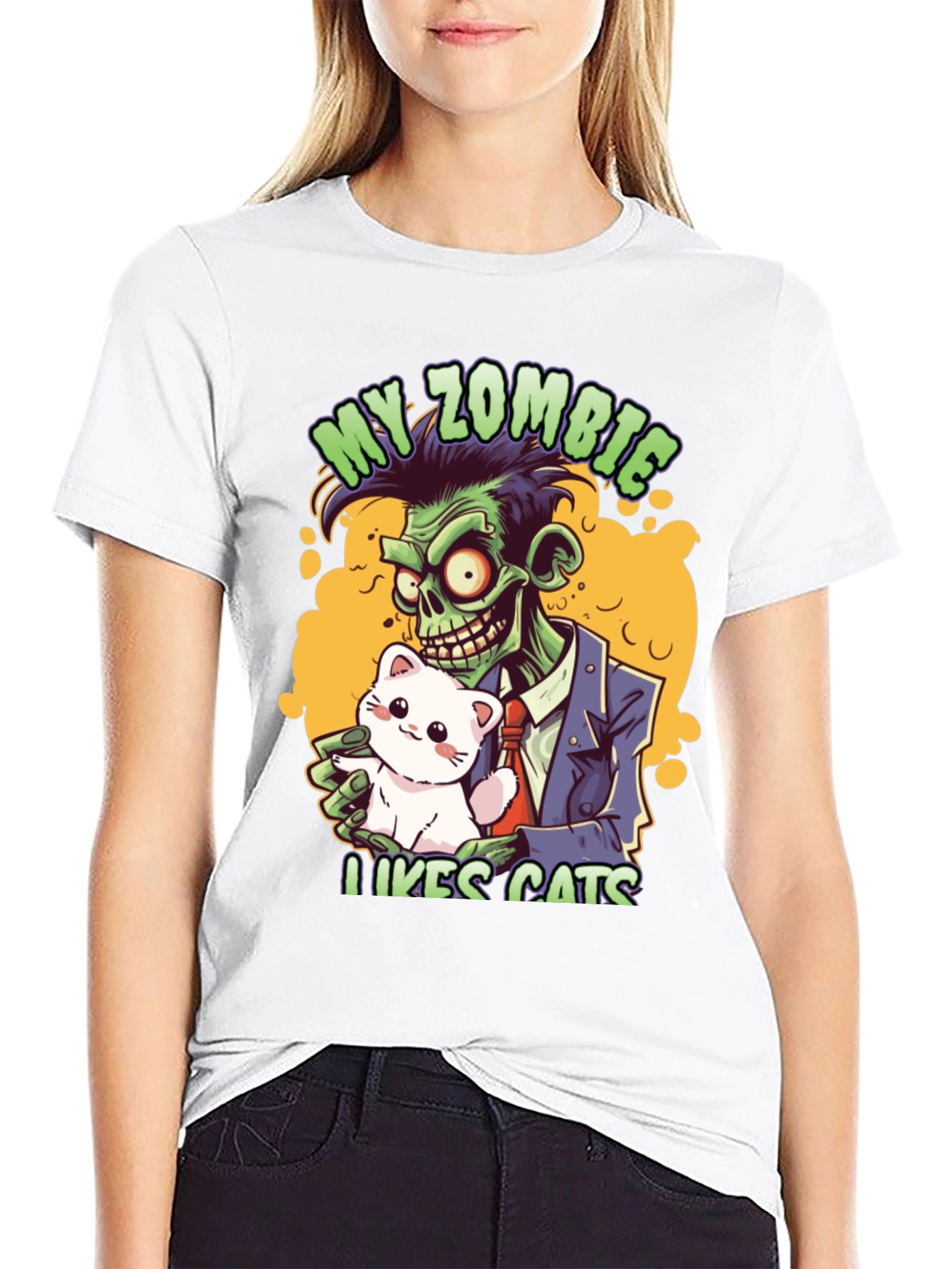 Black Zombie Likes Cats T-Shirt view 9