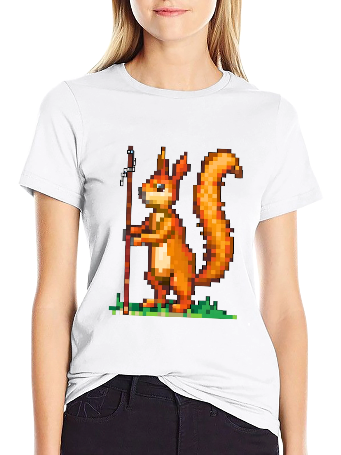 Black Pixel Squirrel Fishing T-Shirt - Black Cotton Tee view 9