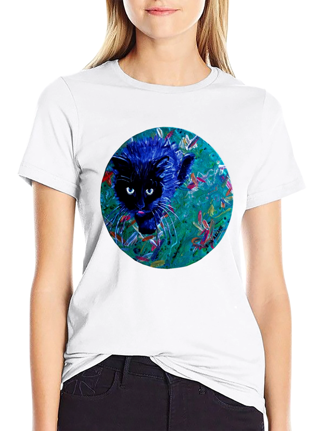 Black Abstract Cat Graphic Tee - Black Cotton T-Shirt view 9
