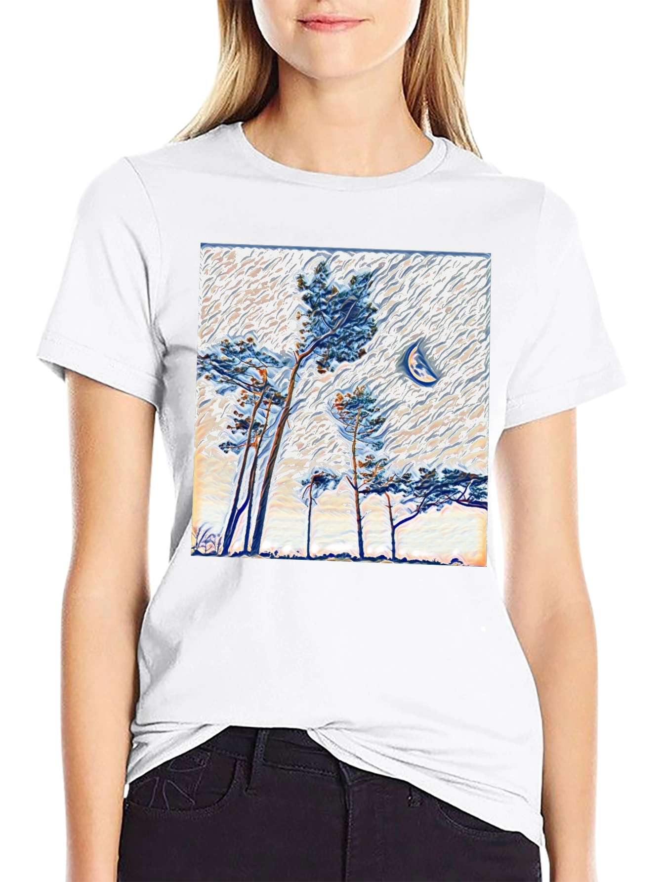 Black Artistic Trees and Moon Graphic Tee view 9